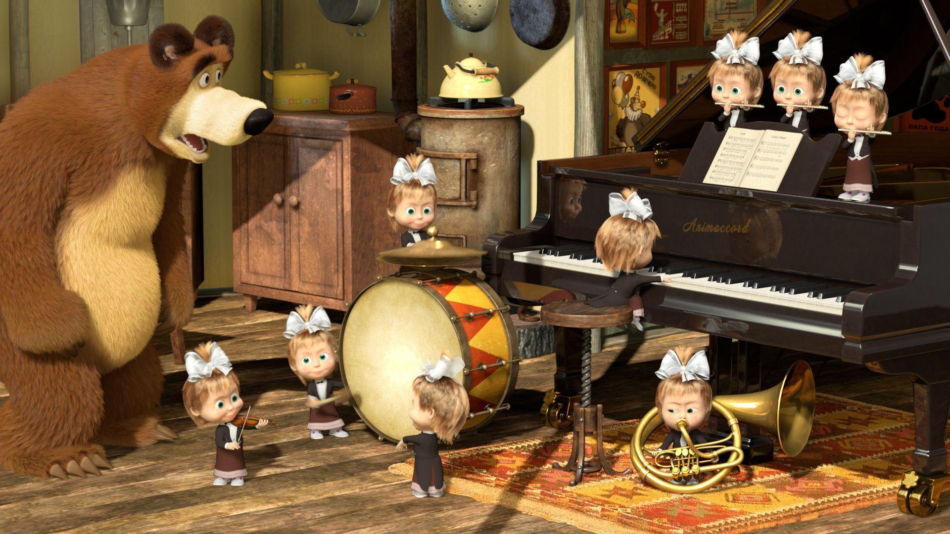 1920x1080 Piano, Orchestra, Pipe, Masha And The Bear, Cartoon, Desktop