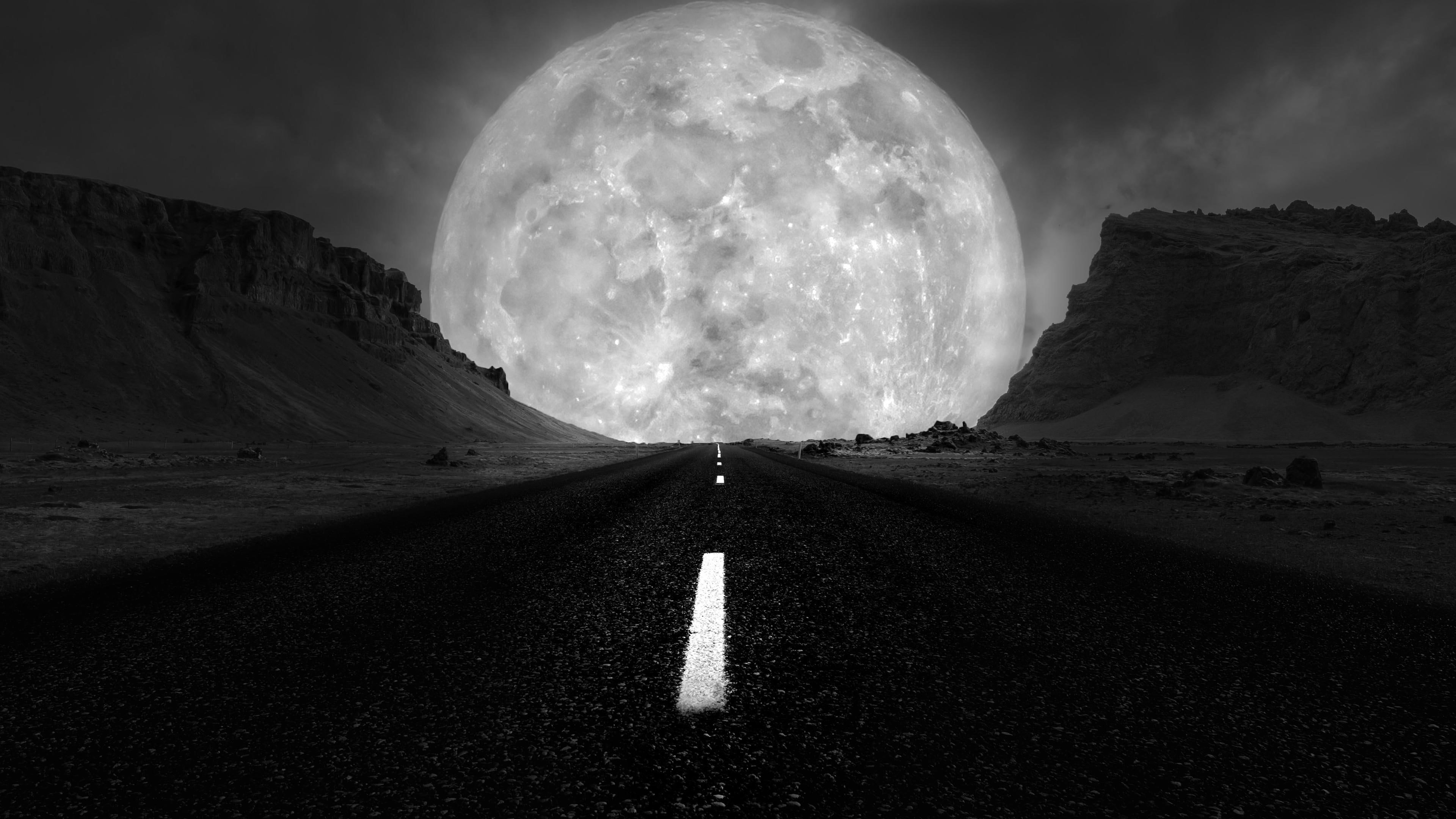 3840x2160 Wallpaper Black, Nature, Black And White, Sky, Full Moon, Desktop