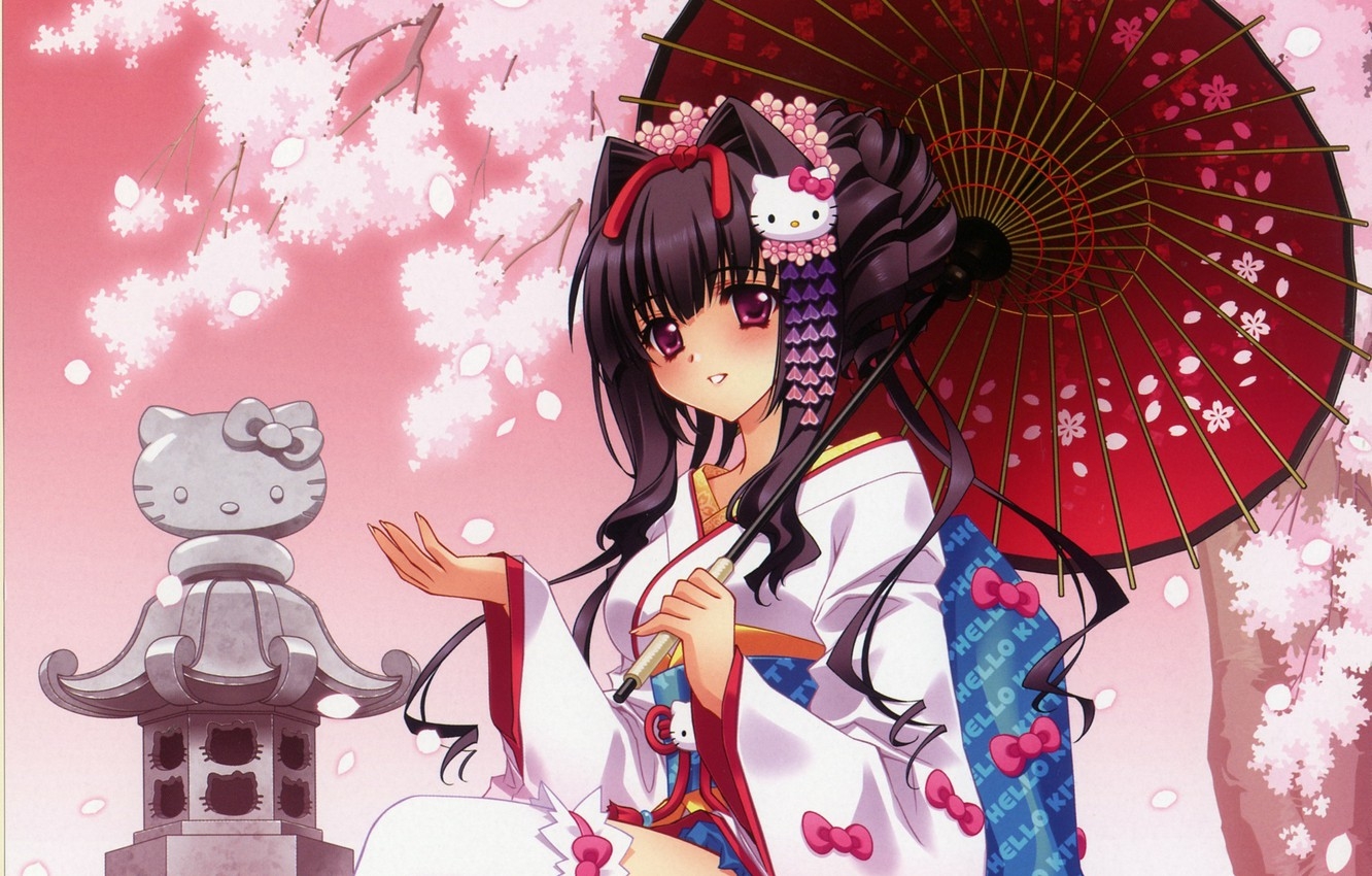 1340x850 Wallpaper girl, sakura, kitty, hello, kimono, memoirs of a geisha image for desktop, section прочее, Desktop