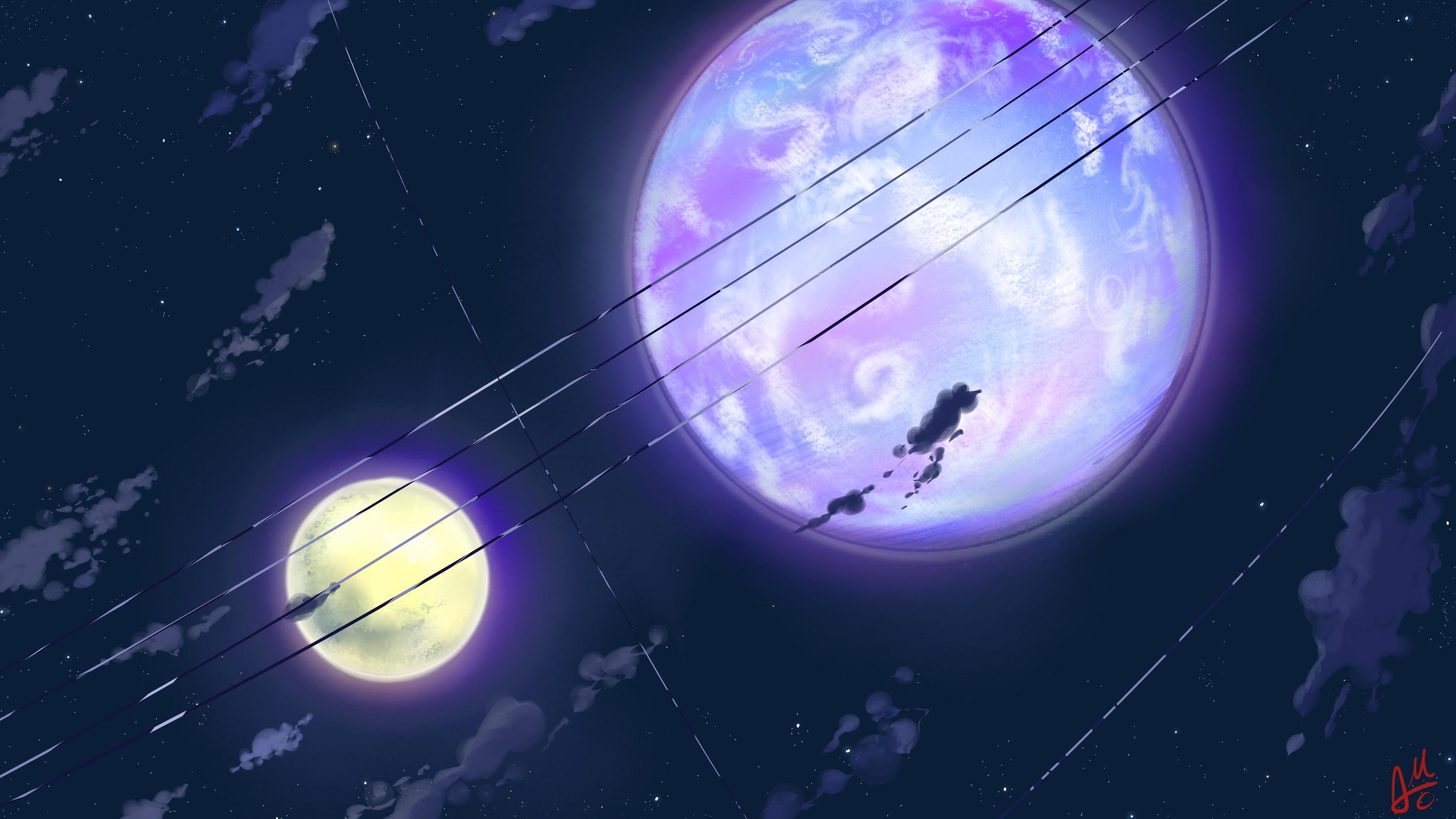 2880x1620 clouds, night, stars, Mac, Moon, scenic, anime, sky, Desktop