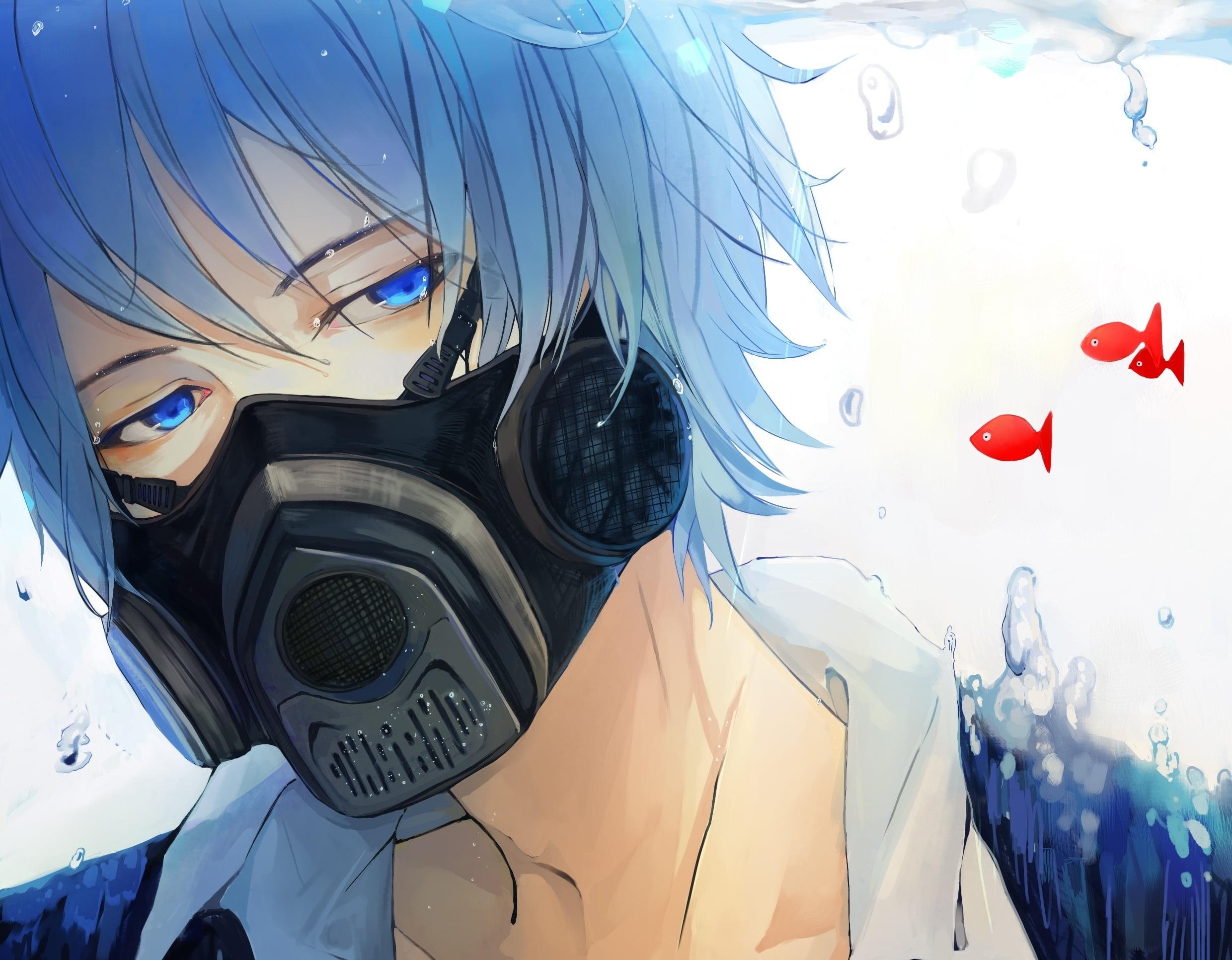 2480x1940 Blue haired male anime character wearing gas mask wallpaper HD, Desktop