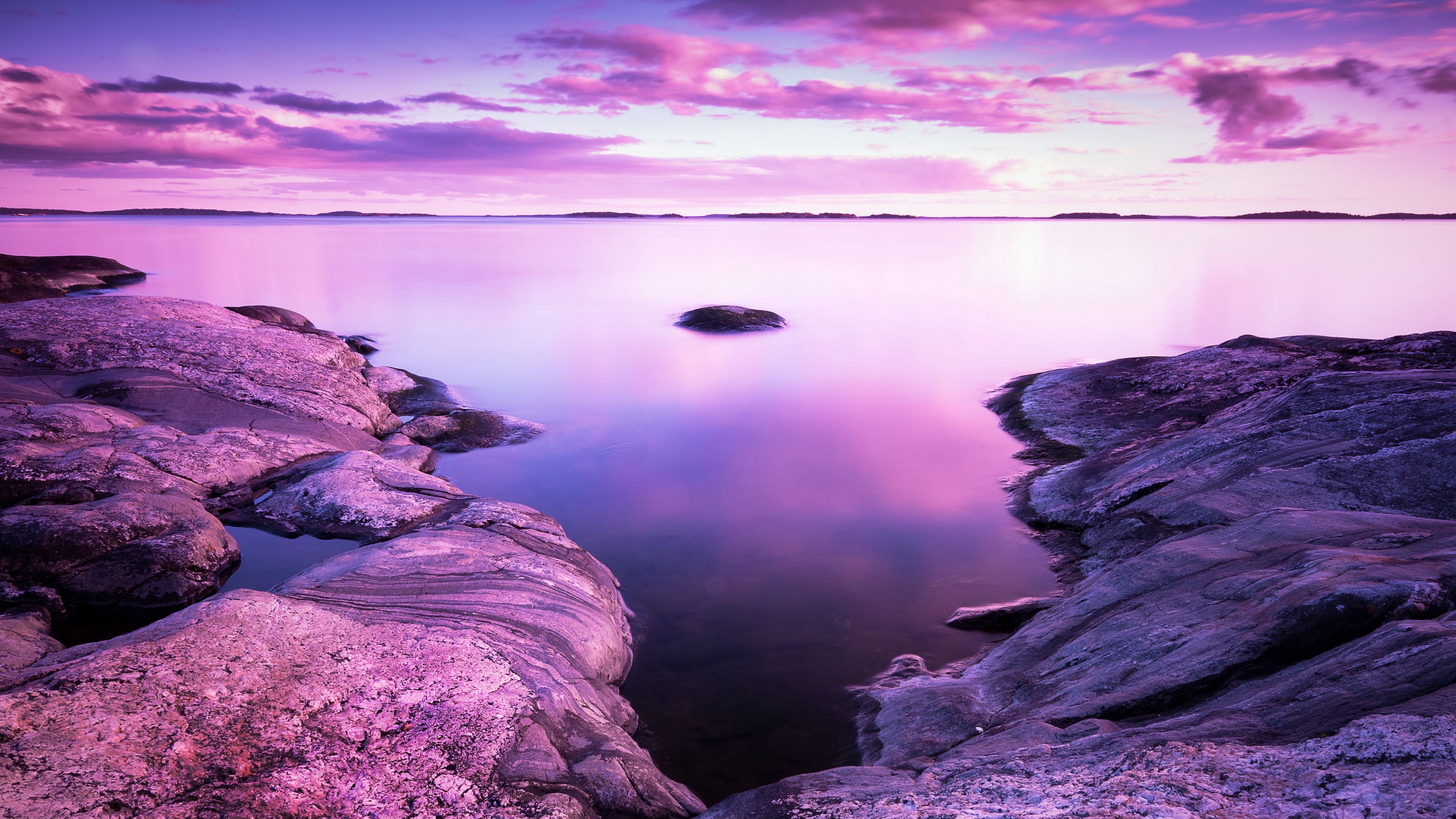 3840x2160 Wallpaper / lake, stones, landscape, shore, clouds, purple, 4k free download, Desktop