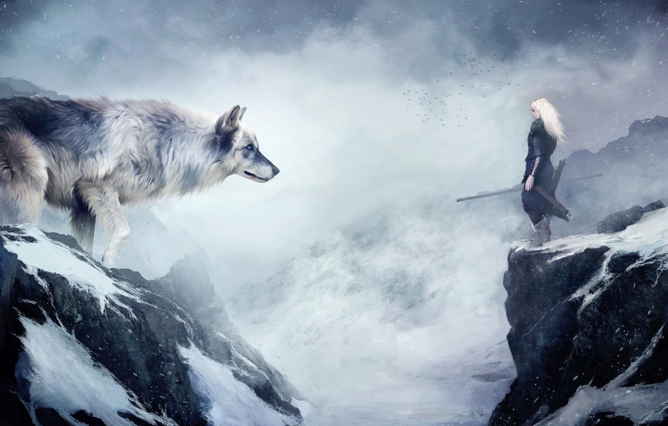 1340x850 Wallpaper snow, mountains, wolf, Girl image for desktop, section, Desktop