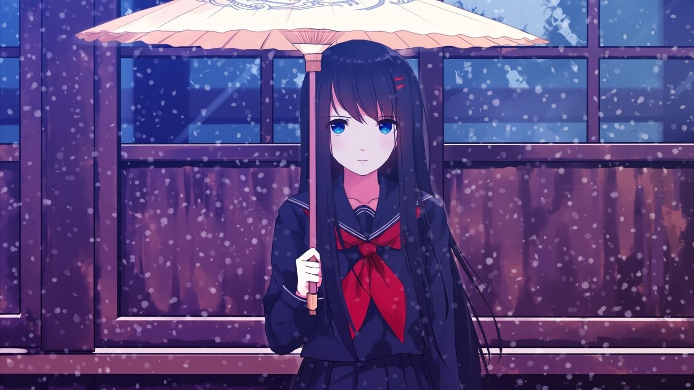 1370x770 Download  wallpaper umbrella, blue eyes, anime girl, winter, tablet, laptop,  HD image, background, 6905, Desktop