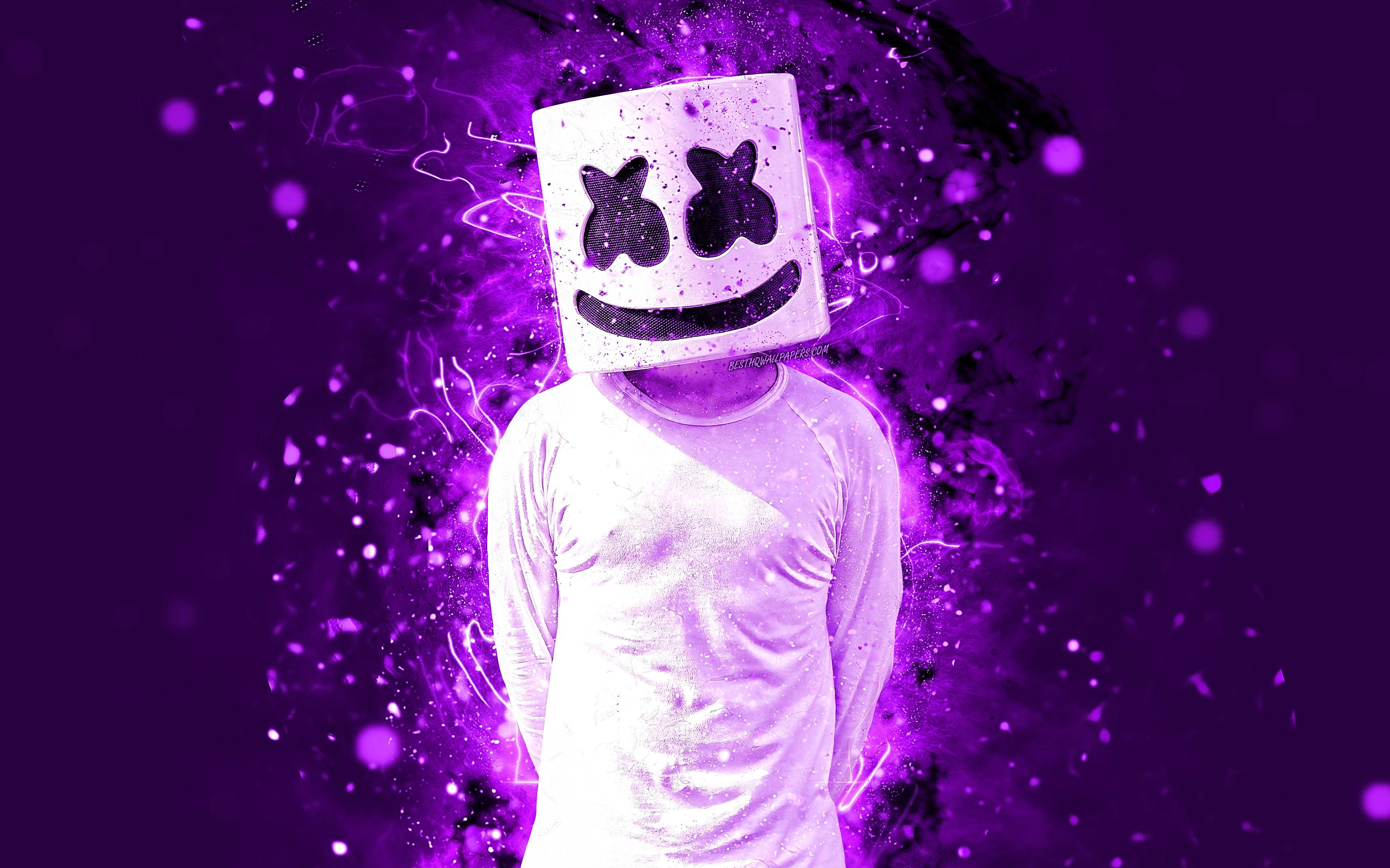 3840x2400 Download wallpaper Marshmello DJ, 4k, violet neon, american DJ, Desktop