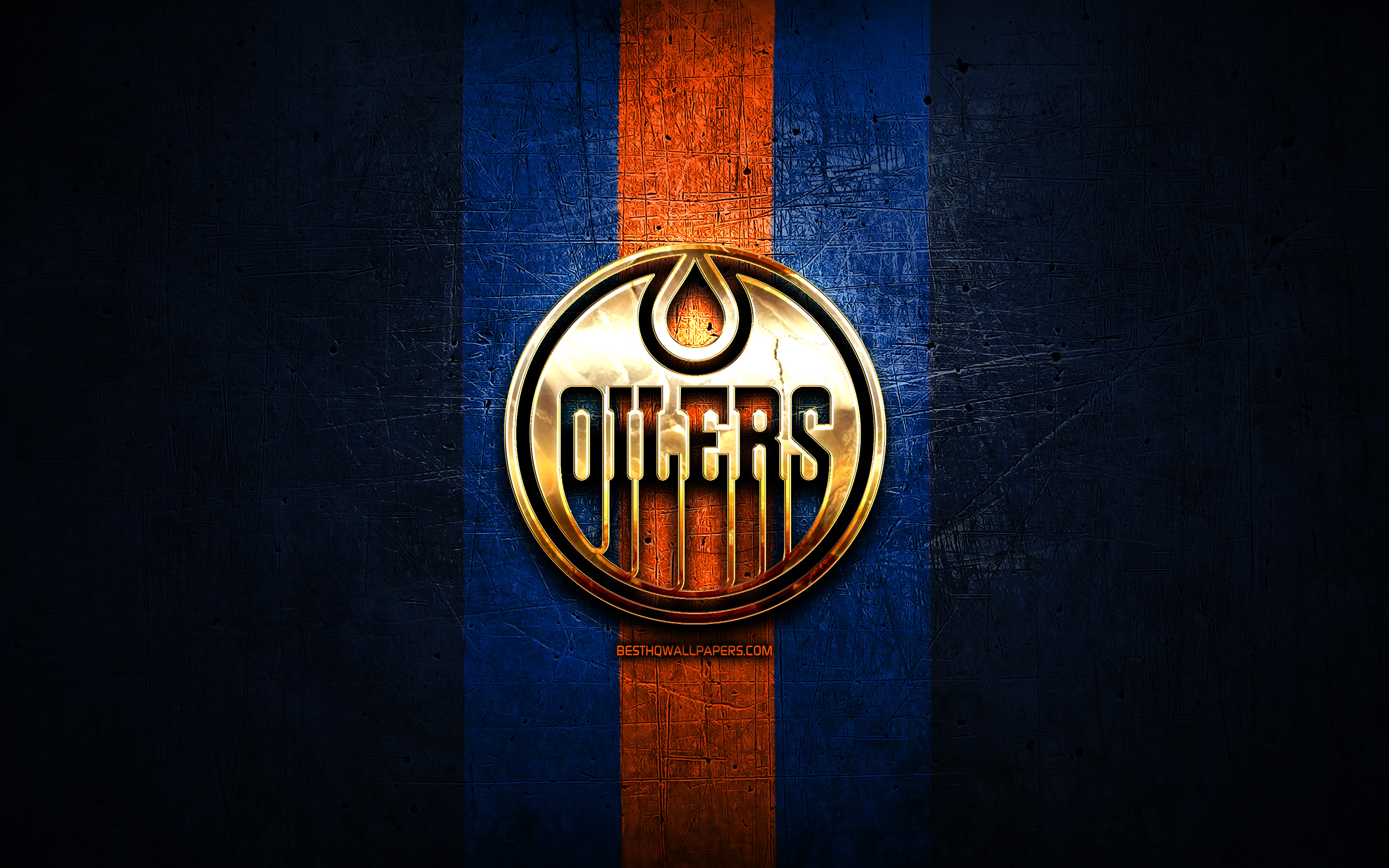 2560x1600 Download wallpaper Edmonton Oilers, golden logo, NHL, blue metal background, american hockey team, National Hockey League, Edmonton Oilers logo, hockey, USA for desktop with resolution. High Quality HD picture wallpaper, Desktop