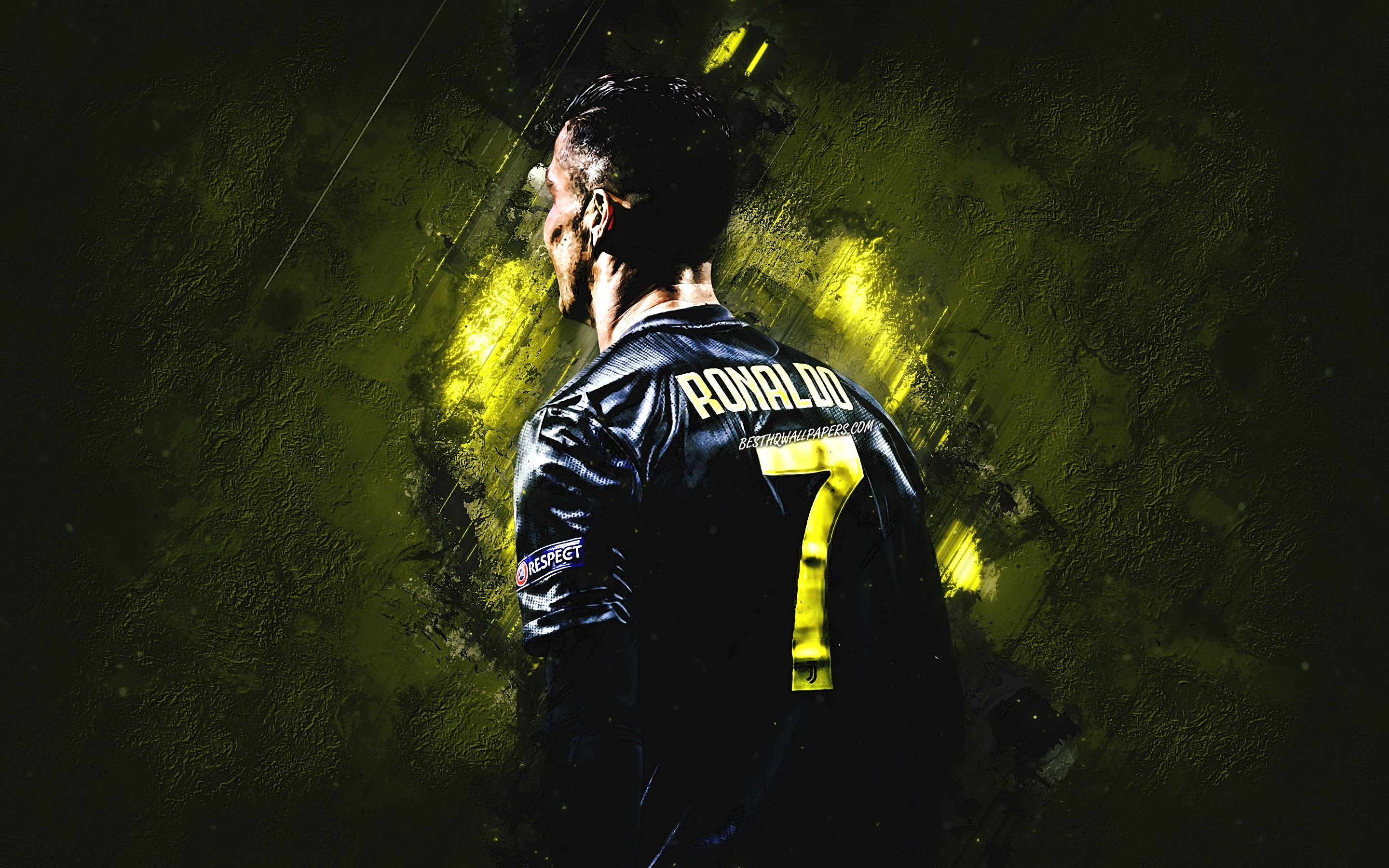 2880x1800 Download wallpaper Cristiano Ronaldo, Portuguese soccer player, Juventus FC, black uniform, CR football star, Serie A, Italy, football, yellow stone background for desktop with resolution. High Quality HD picture wallpaper, Desktop