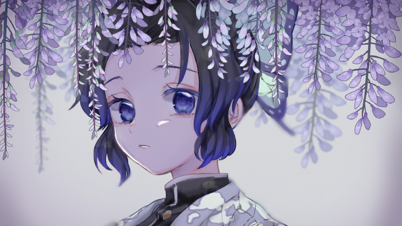 1280x720 Demon Slayer Shinobu Kochou With Black Hair Under Purple Flowers HD Anime Wallpaper, Desktop