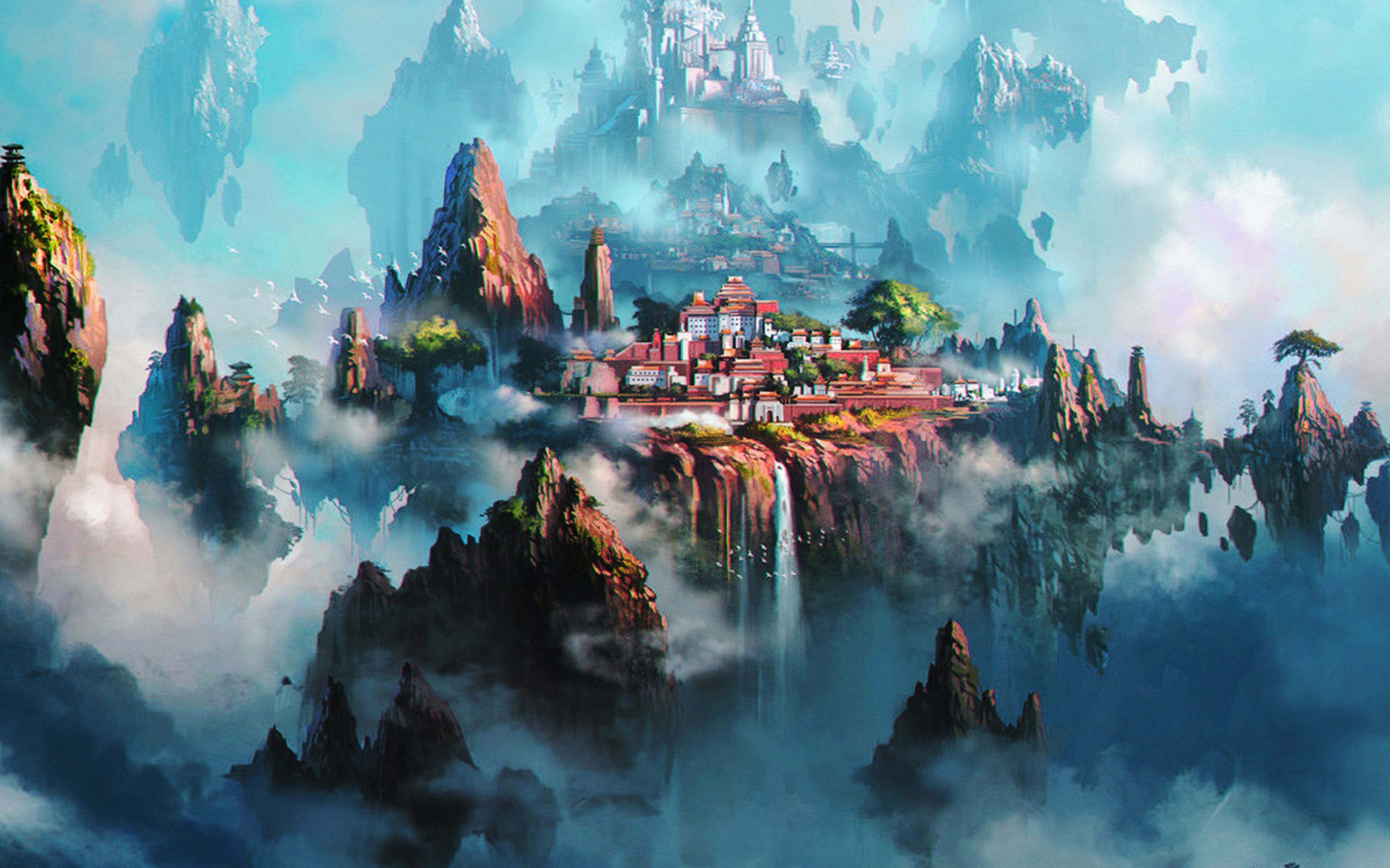 3840x2400 Cloud Town Fantasy Anime Liang Xing Illustration Art Green, Desktop