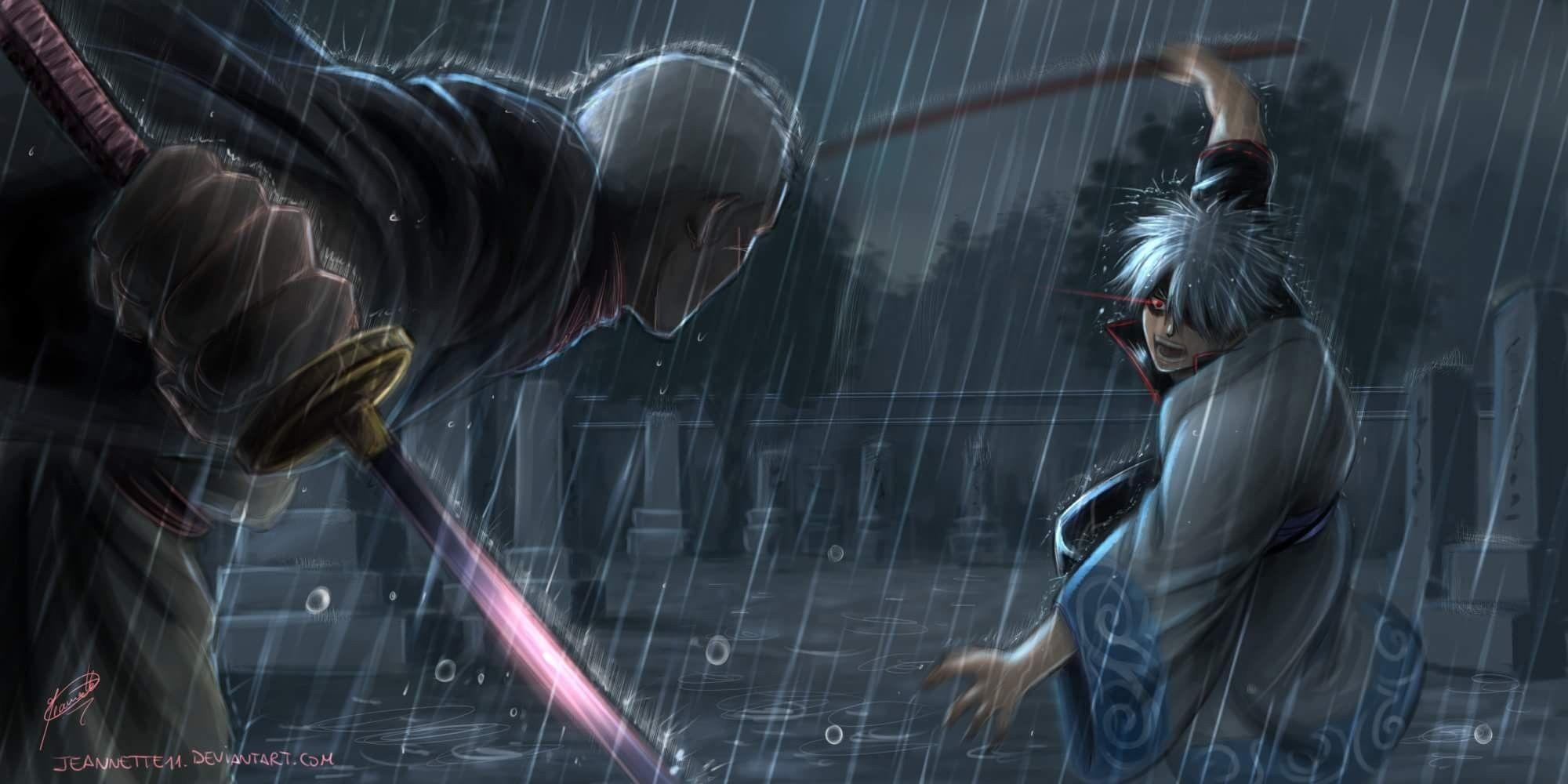 2000x1000 Wallpaper gintama, sakata gintoki, rain, anime, Dual Screen