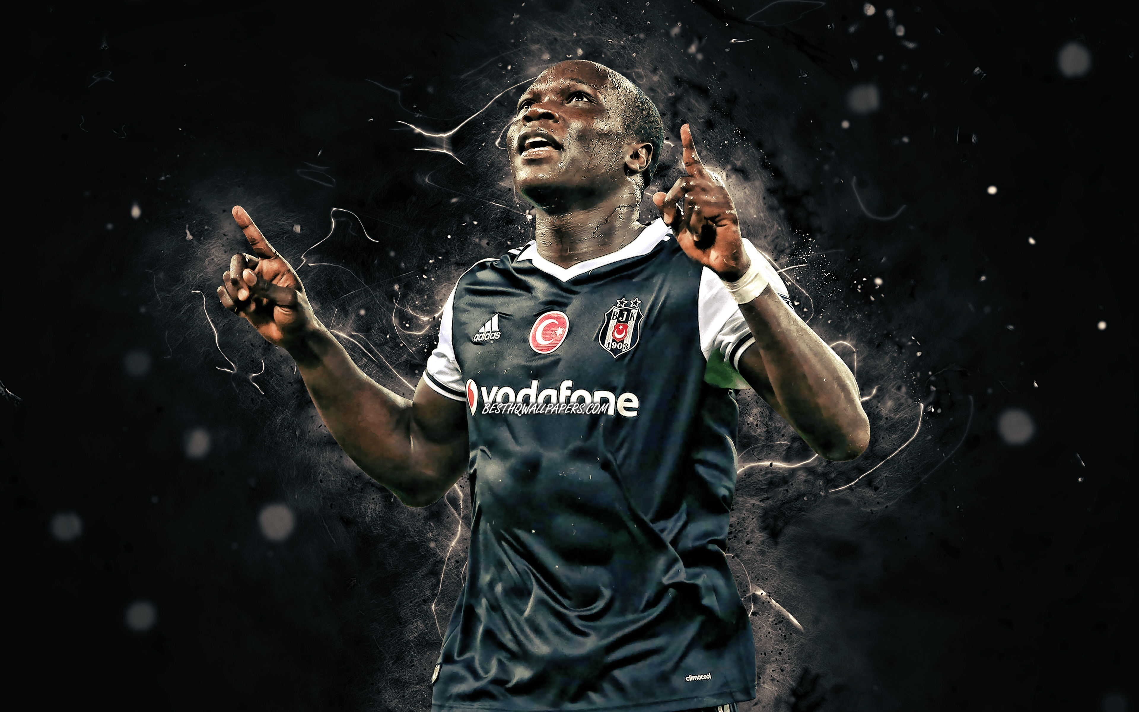 3840x2400 Download wallpaper Vincent Aboubakar, 4k, Besiktas FC, soccer, cameroonian footballers, Turkish Super Lig, football, Besiktas JK, BJK, white neon lights, Vincent Aboubakar Besiktas for desktop with resolution. High Quality HD picture, Desktop