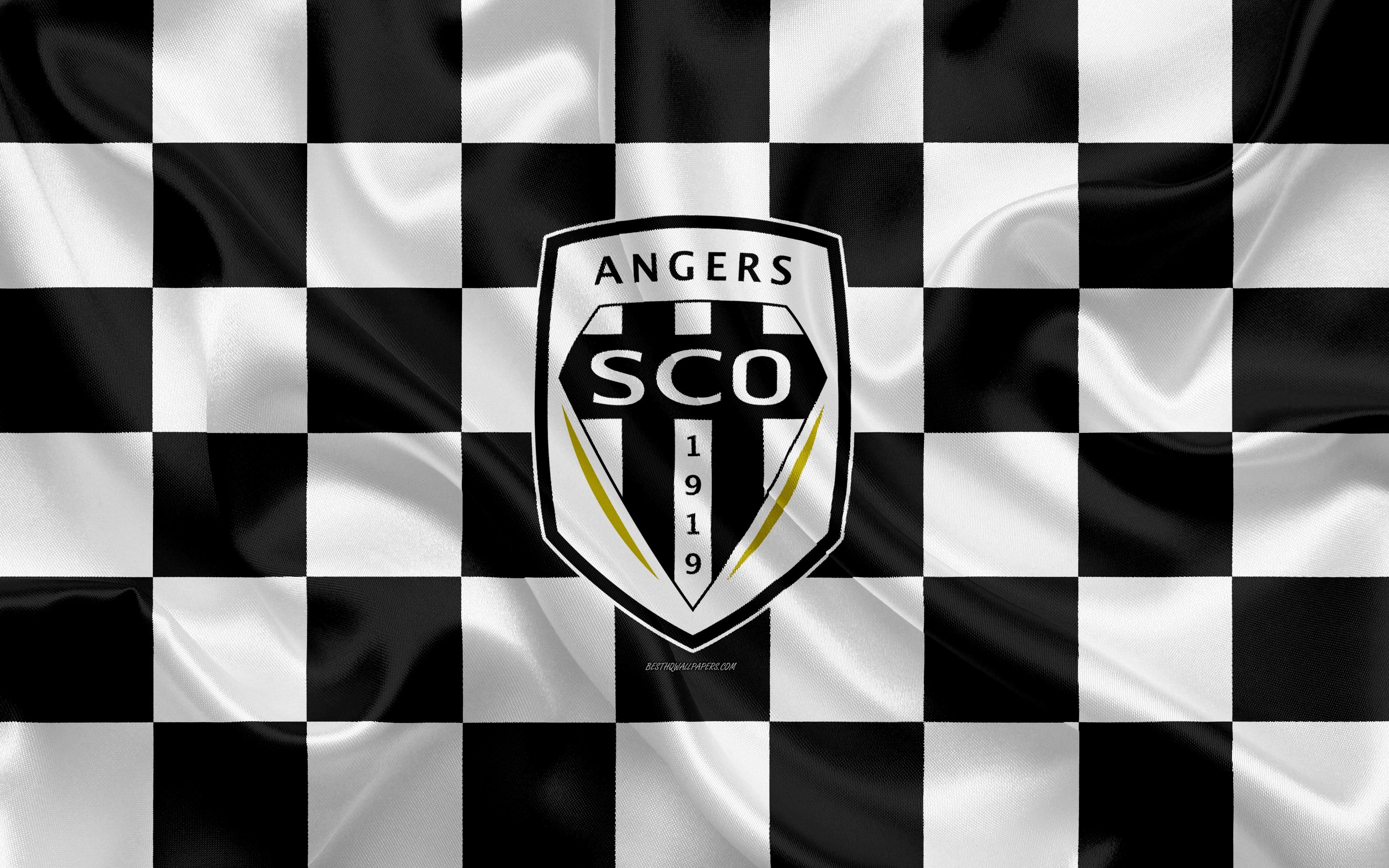 3840x2400 Download wallpaper Angers SCO, 4k, logo, creative art, white black, Desktop