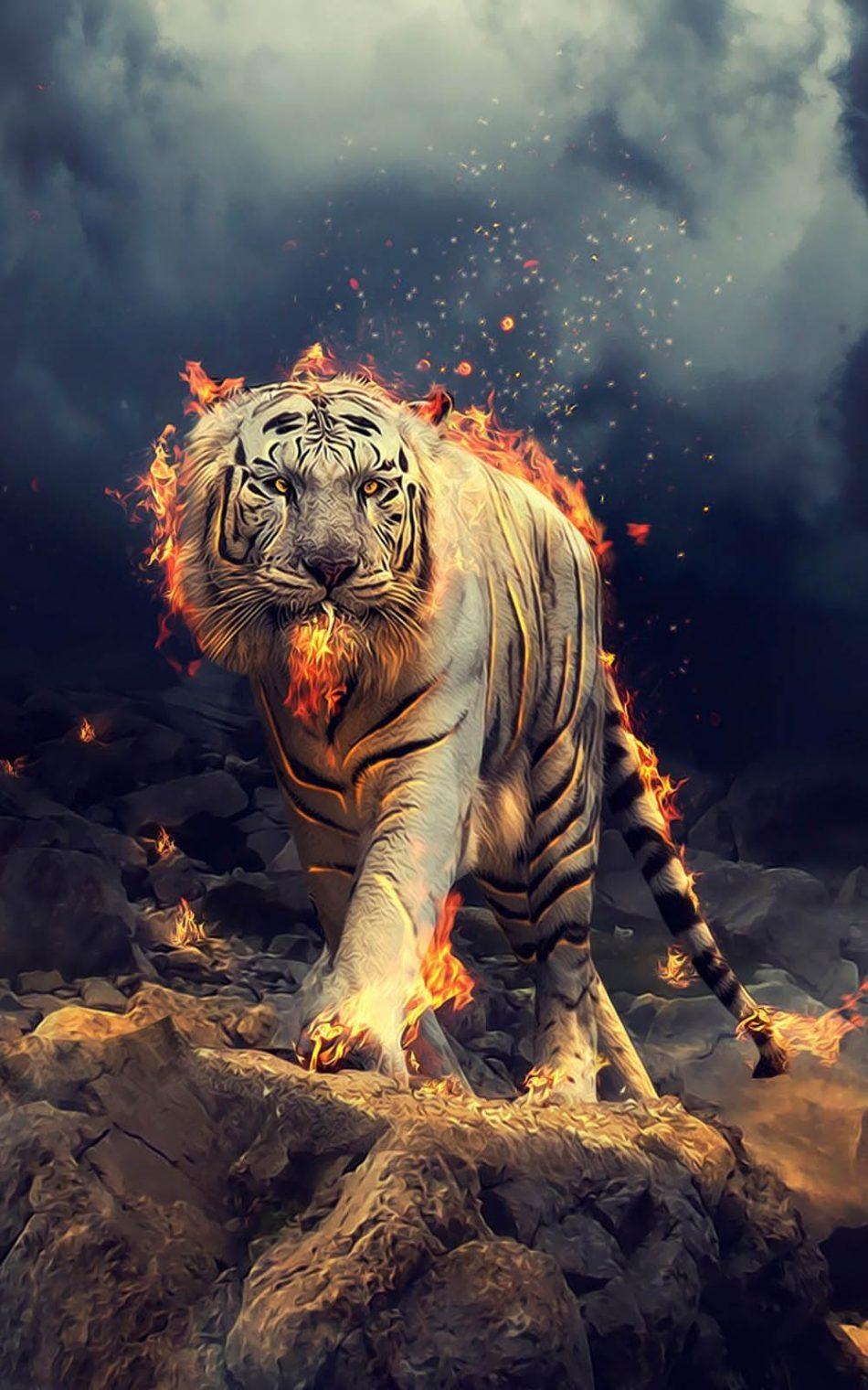 950x1520 White Tiger Fire CGI 4K Ultra HD Mobile Wallpaper, Phone