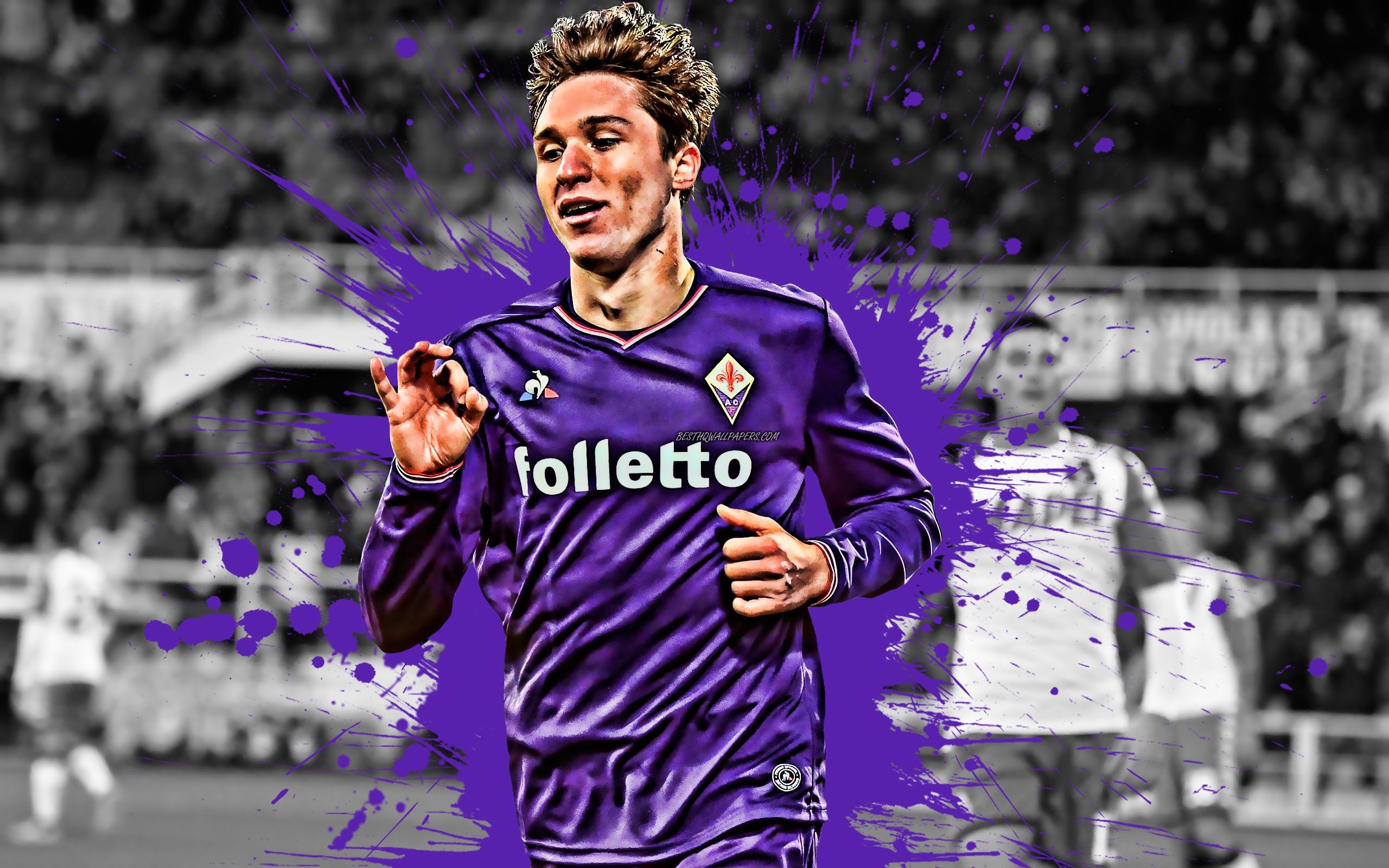 2560x1600 Download wallpaper Federico Chiesa, 4k, Italian football player, ACF Fiorentina, striker, purple paint splashes, creative art, Serie A, Italy, football, grunge, Fiorentina for desktop with resolution. High Quality HD picture wallpaper, Desktop