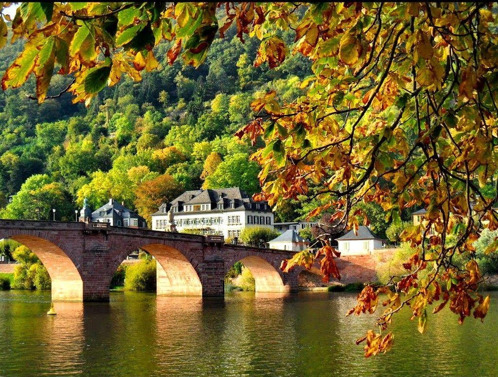 1030x780 Heidelberg Tag wallpaper: Old Bridge Place Foliage Shore Lake, Desktop