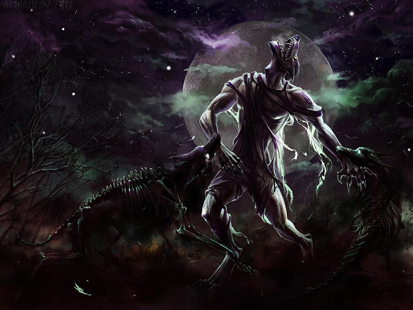 1370x1030 Desktop Wallpaper wolf monster lycanthrope Fantasy Skeleton Moon, Desktop