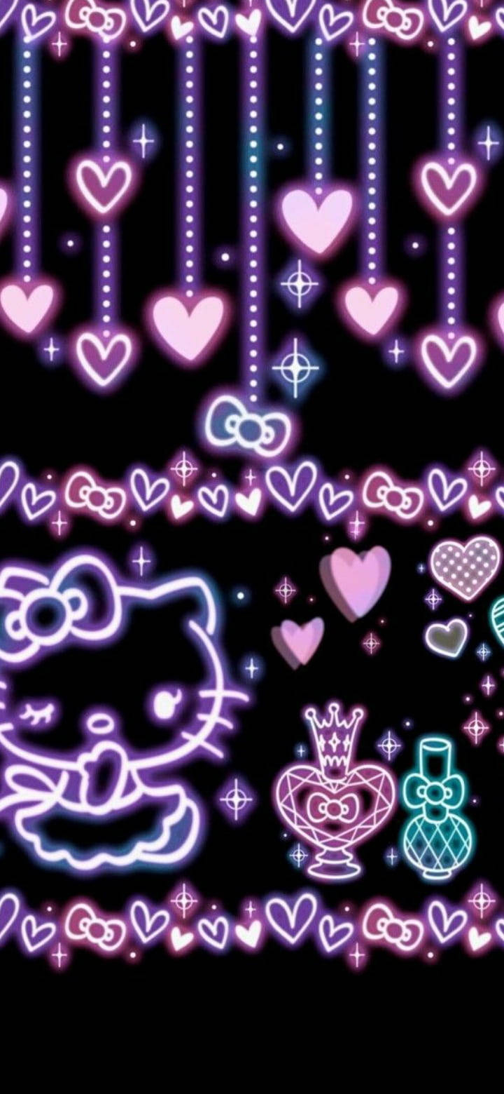 720x1560 Download Purple Neon On Black Hello Kitty Wallpaper, Phone