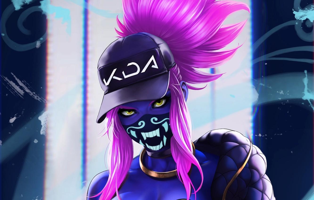 1340x850 Wallpaper girl, art, cap, bandana, Akali, League of Legends, KDA, Desktop