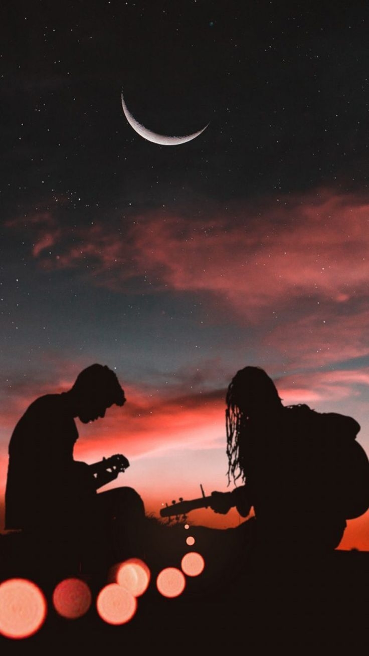 740x1310 Romantic Couple Playing Guitar Sunset Half Moon HD Mobile Wallpaper. #hintergrund #wallpaper #hint. Romantic background, Wallpaper iphone love, Romantic wallpaper, Phone