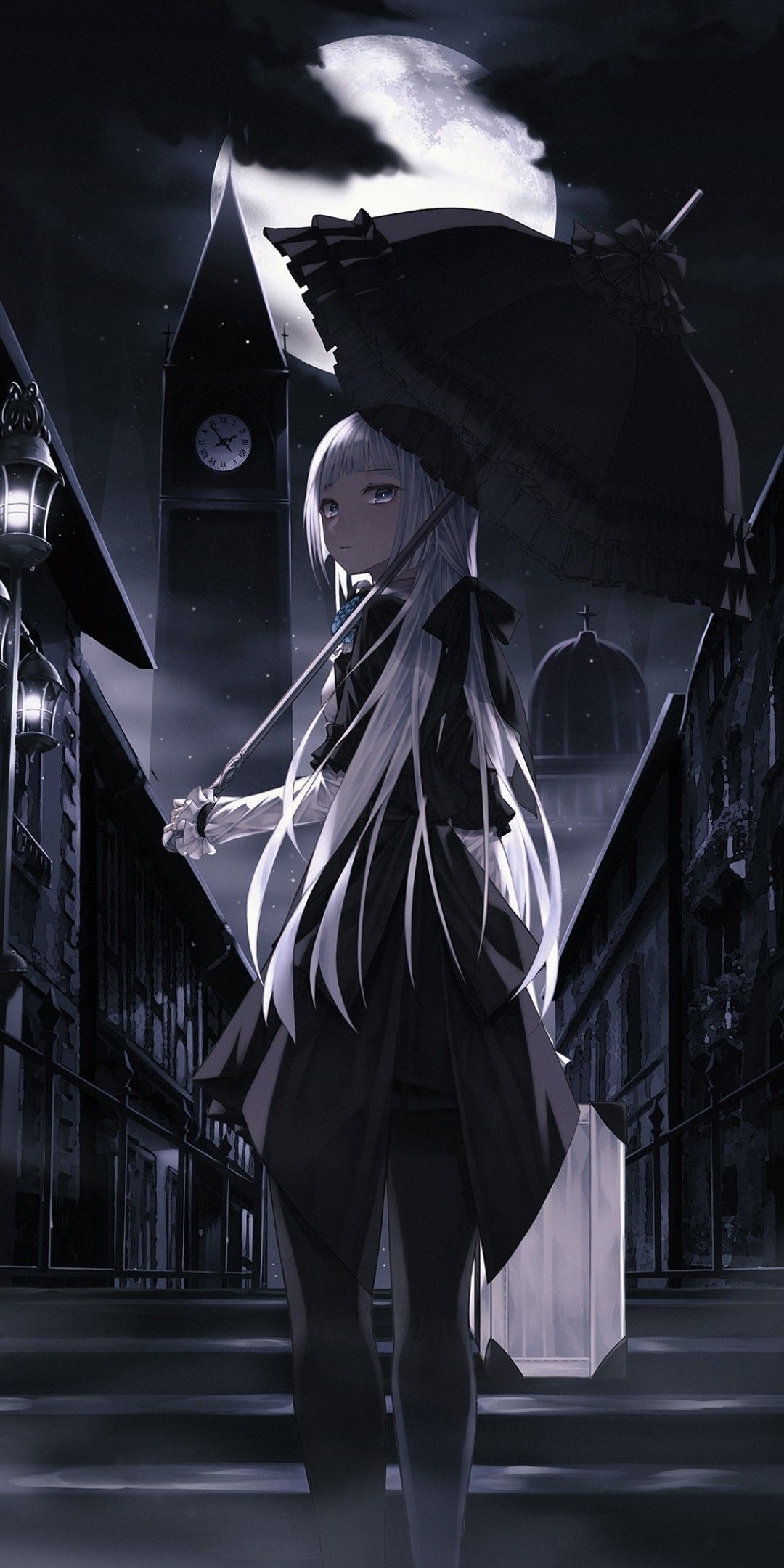 1080x2160 Download  Anime Girl, Umbrella, Dark, White Hair, Phone