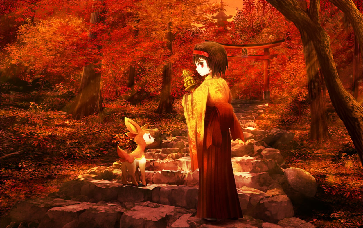 1250x790 Konachan.com autumn brown_hair deerling erika_(pokemon) forest headband japanese_clothes kimono leaves pokemon re. Pokemon red, Pokemon, Japanese outfits, Desktop