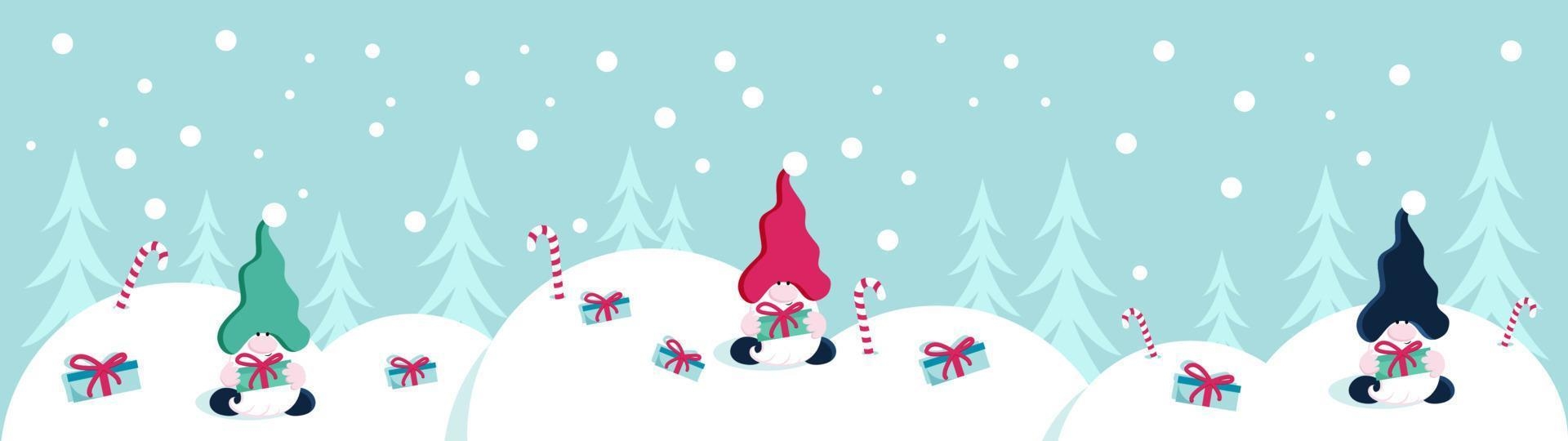 1920x540 Winter season or christmas landscape with little gnome and presents vector long background or banner, Dual Screen