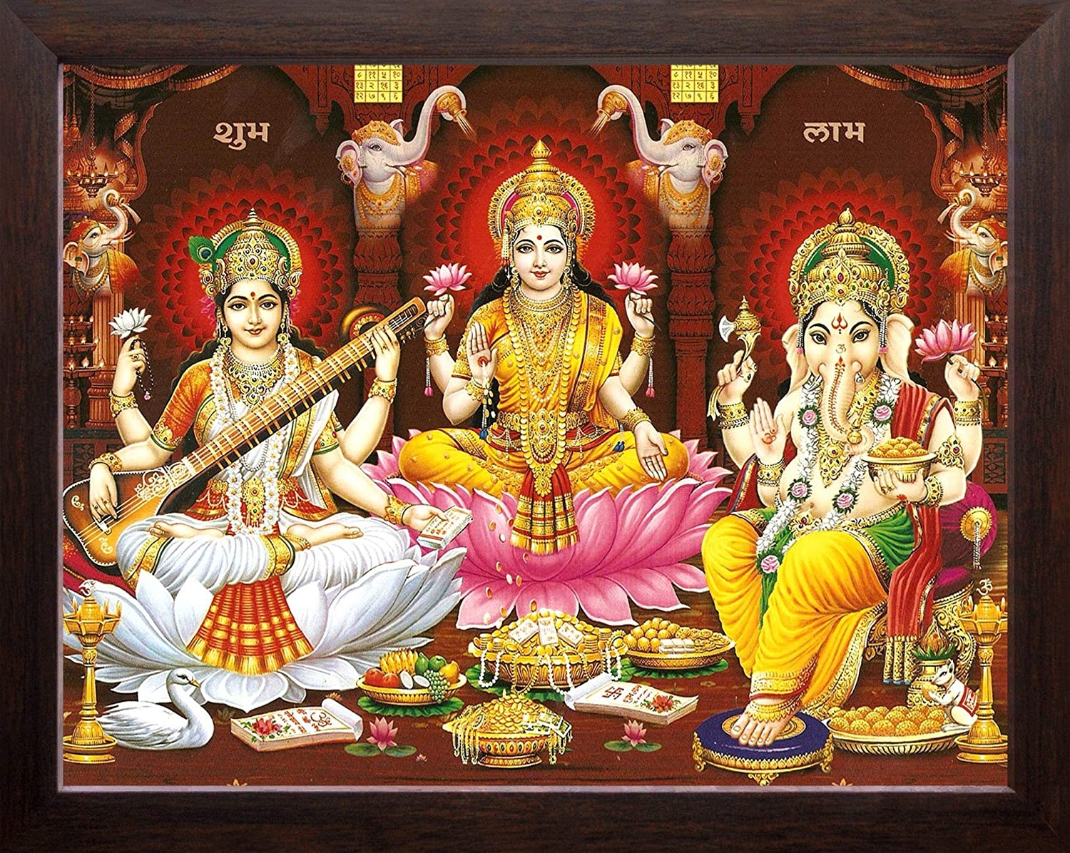 1500x1200 Art n Store MATA Lakshmi with Devi Saraswati & Lord Ganesha HD Printed Religious & Decor Picture with Plane Brown Frame (30 X 23.5 X 1.5 cm_ Brown Wood): Amazon.in: Home & Kitchen, Desktop