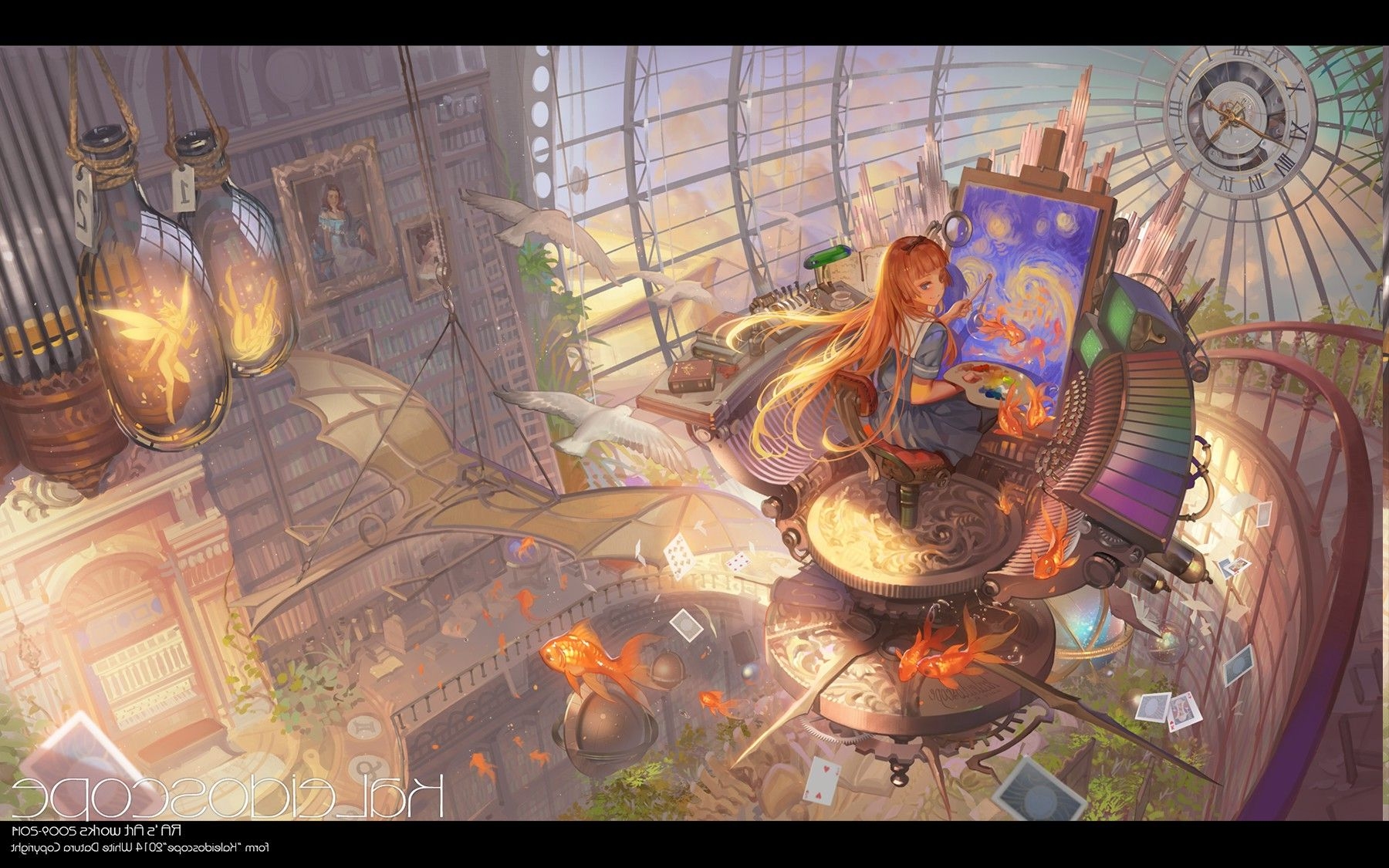 1800x1130 kaleidoscope, Anime, Fantasy Art, Interiors, Painting, Library, Clocks, Fish, Books, Doves, Cards, Fairies, Original Characters, Soft Shading Wallpaper HD / Desktop and Mobile Background, Desktop