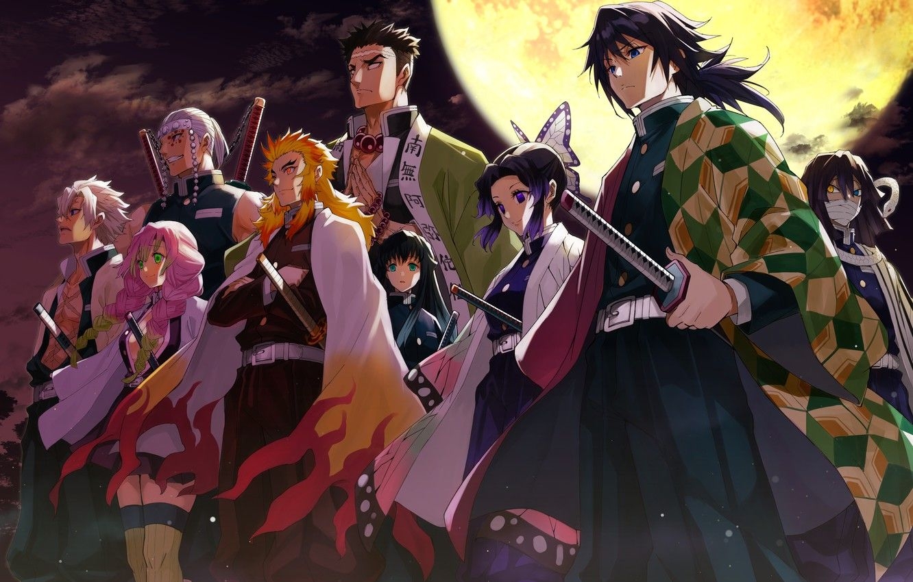 1340x850 Wallpaper the moon, characters, The Blade Cleaves Demons, Demon Slayer Kimetsu No Yaiba image for desktop, section сёнэн, Desktop