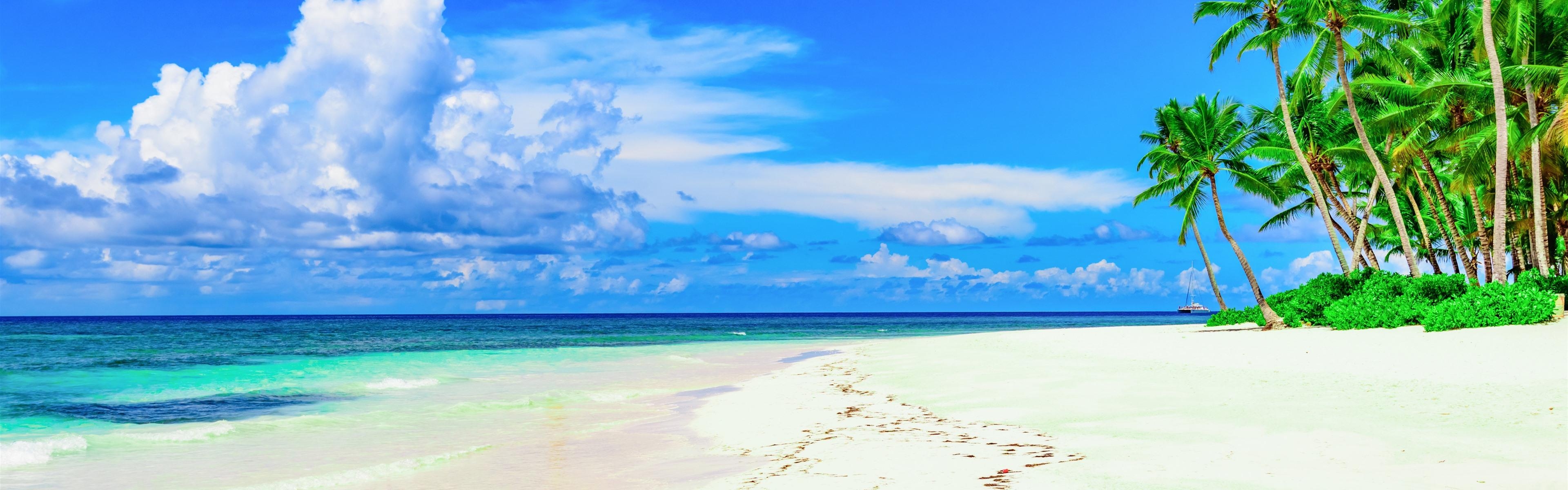 3840x1200 Wallpaper Beach, palm trees, blue sky, summer, tropical 5120x2880, Dual Screen