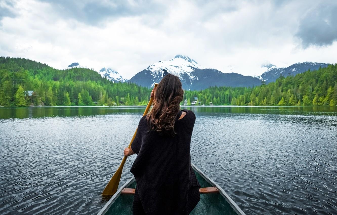 1340x850 Wallpaper girl, house, forest, Loneliness, peace, sky, trees, landscape, nature, mountains, clouds, lake, snow, mood, tranquility, boat image for desktop, section настроения, Desktop