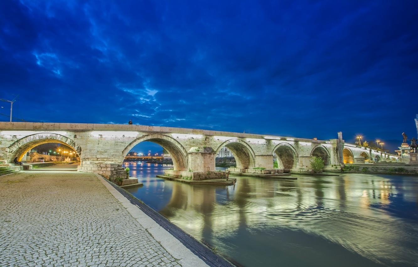 1340x850 Wallpaper the sky, night, bridge, lights, river, Macedonia, Skopje, Desktop