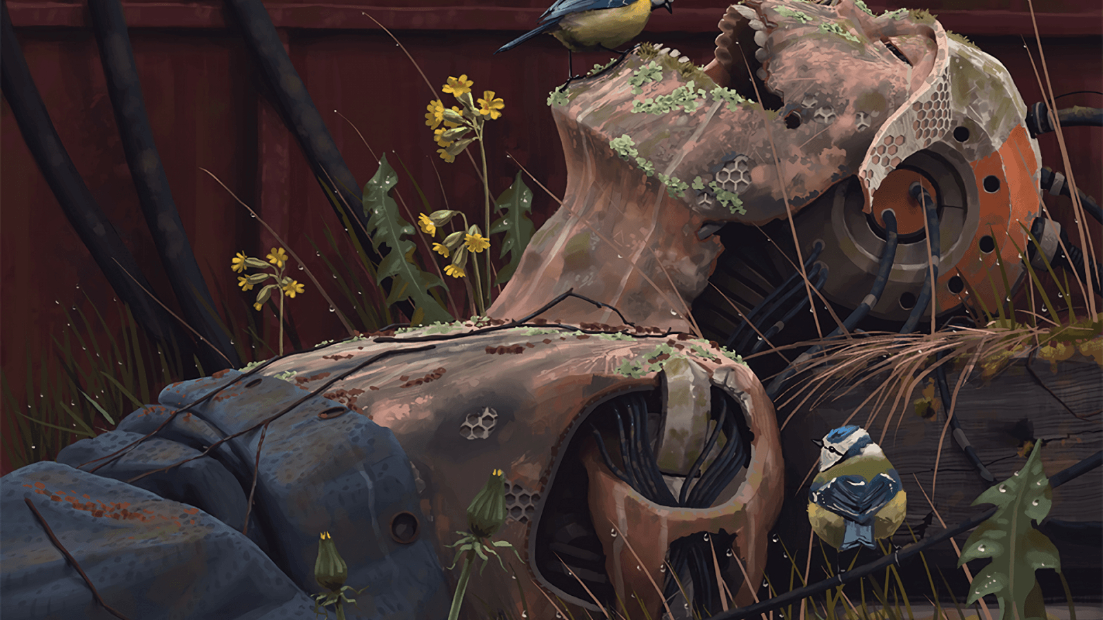 1600x900 Download  Dead Android, Painting, Rust, Flowers, Grass, Sci, Desktop