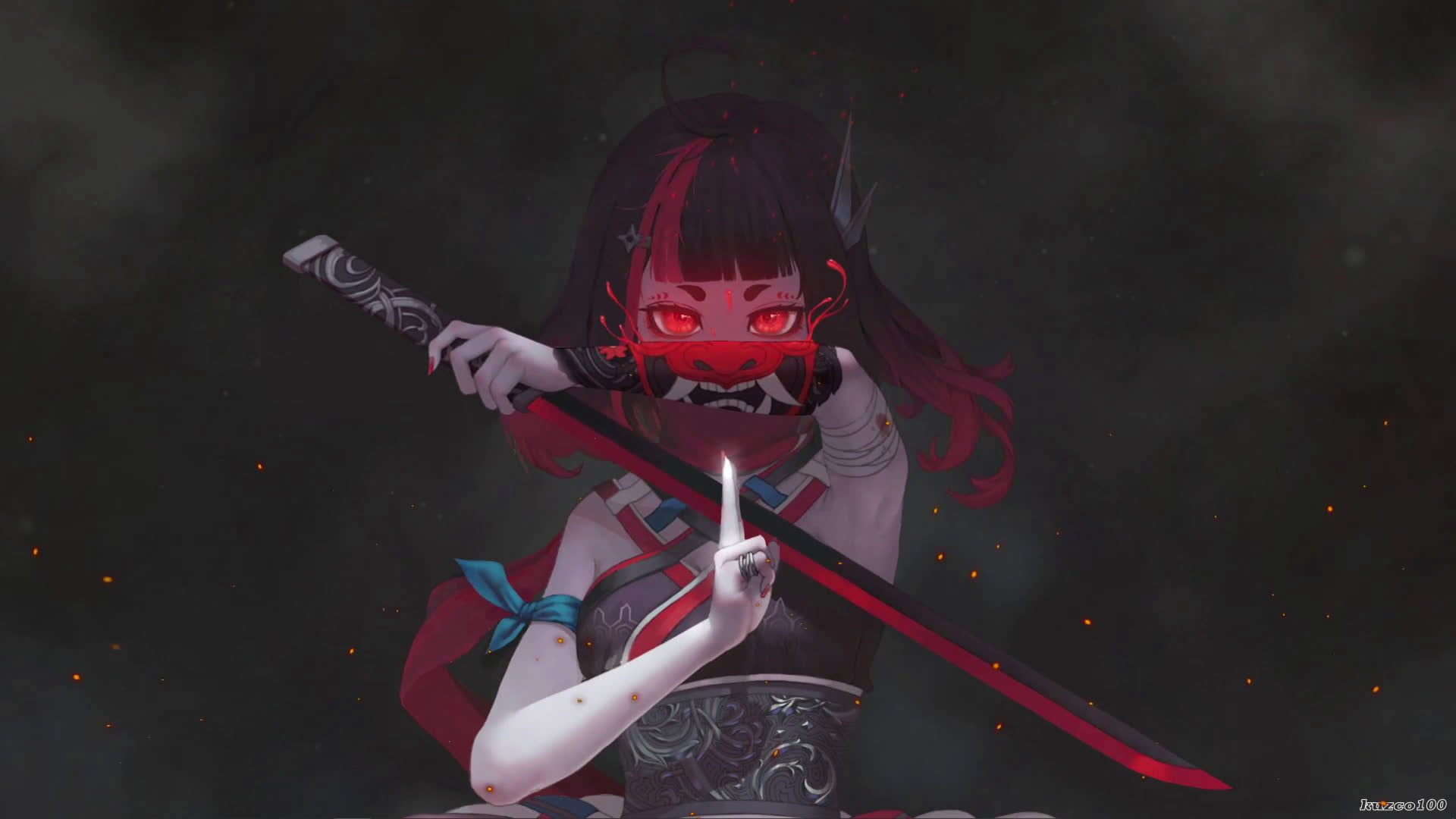 1920x1080 Samurai Girl and Oni Mask on Hand Live Wallpaper, Desktop