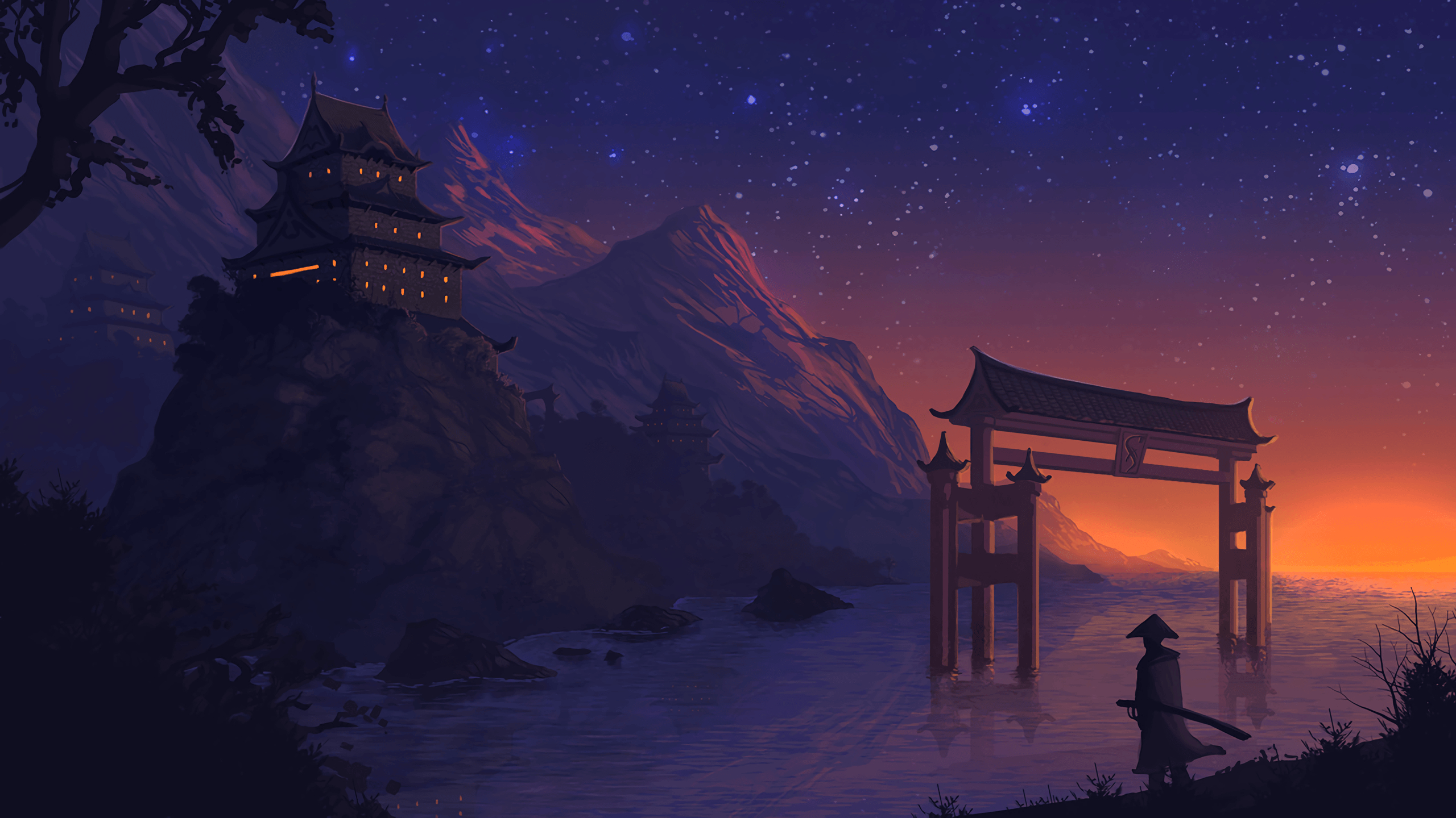 2560x1440 landscape, #anime, #digital art, #fantasy art, #night, #stars, Desktop