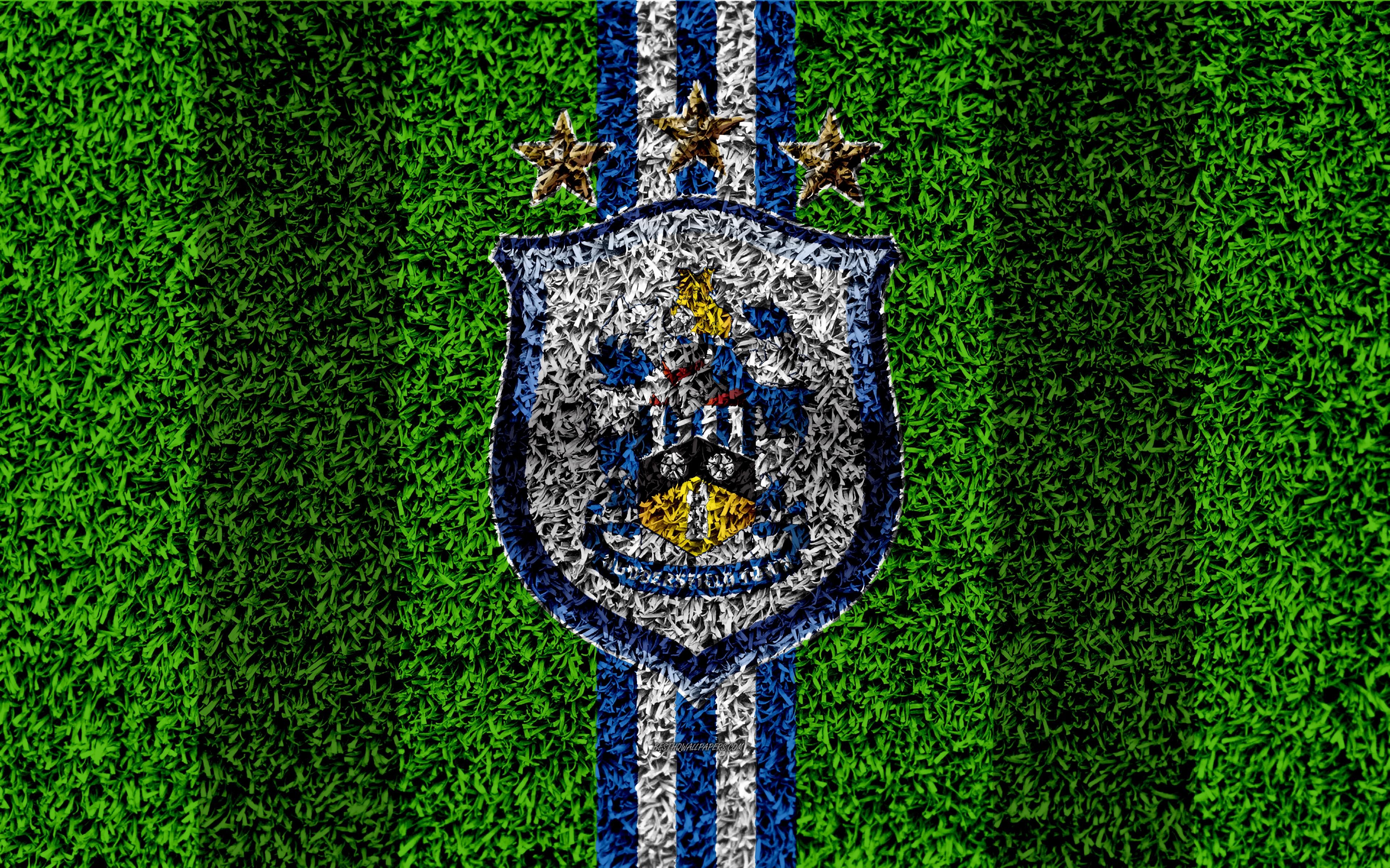 3840x2400 Download wallpaper Huddersfield Town AFC, 4k, football lawn, emblem, Desktop