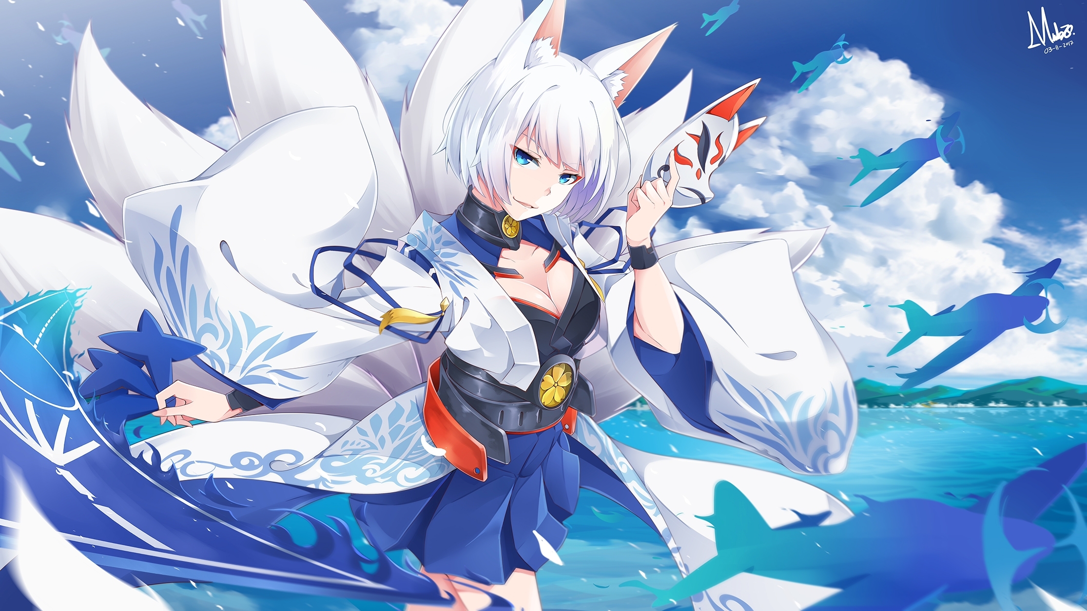 2230x1260 Wallpaper Azur Lane, Kaga, Fox Girl, Animal Ears, White Hair, Tails, Desktop