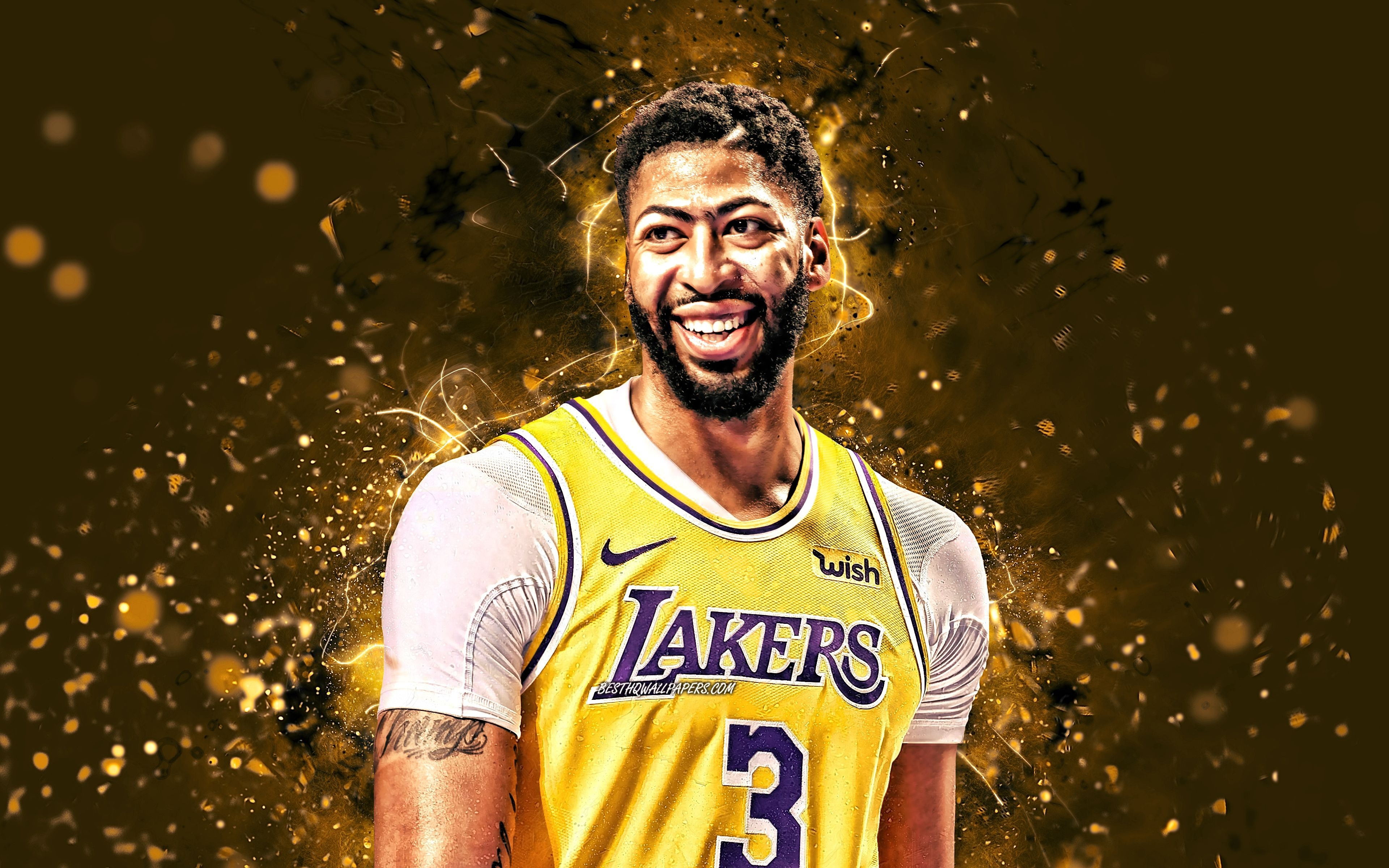 3840x2400 Download wallpaper Anthony Davis, 4k, NBA, Los Angeles Lakers, basketball stars, Anthony Marshon Davis Jr, yellow neon lights, basketball, LA Lakers, creative, Anthony Davis Lakers, Anthony Davis 4K for desktop with, Desktop