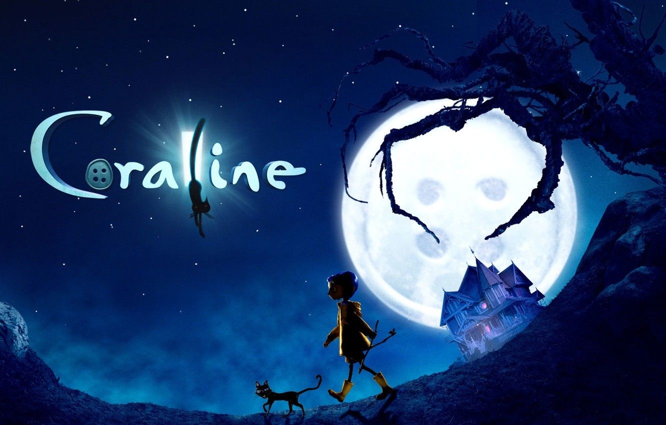 1340x850 Wallpaper cat, house, tree, the moon, cartoon, girl, button, scary story, Coraline, Coraline, Coralyn image for desktop, section фильмы, Desktop