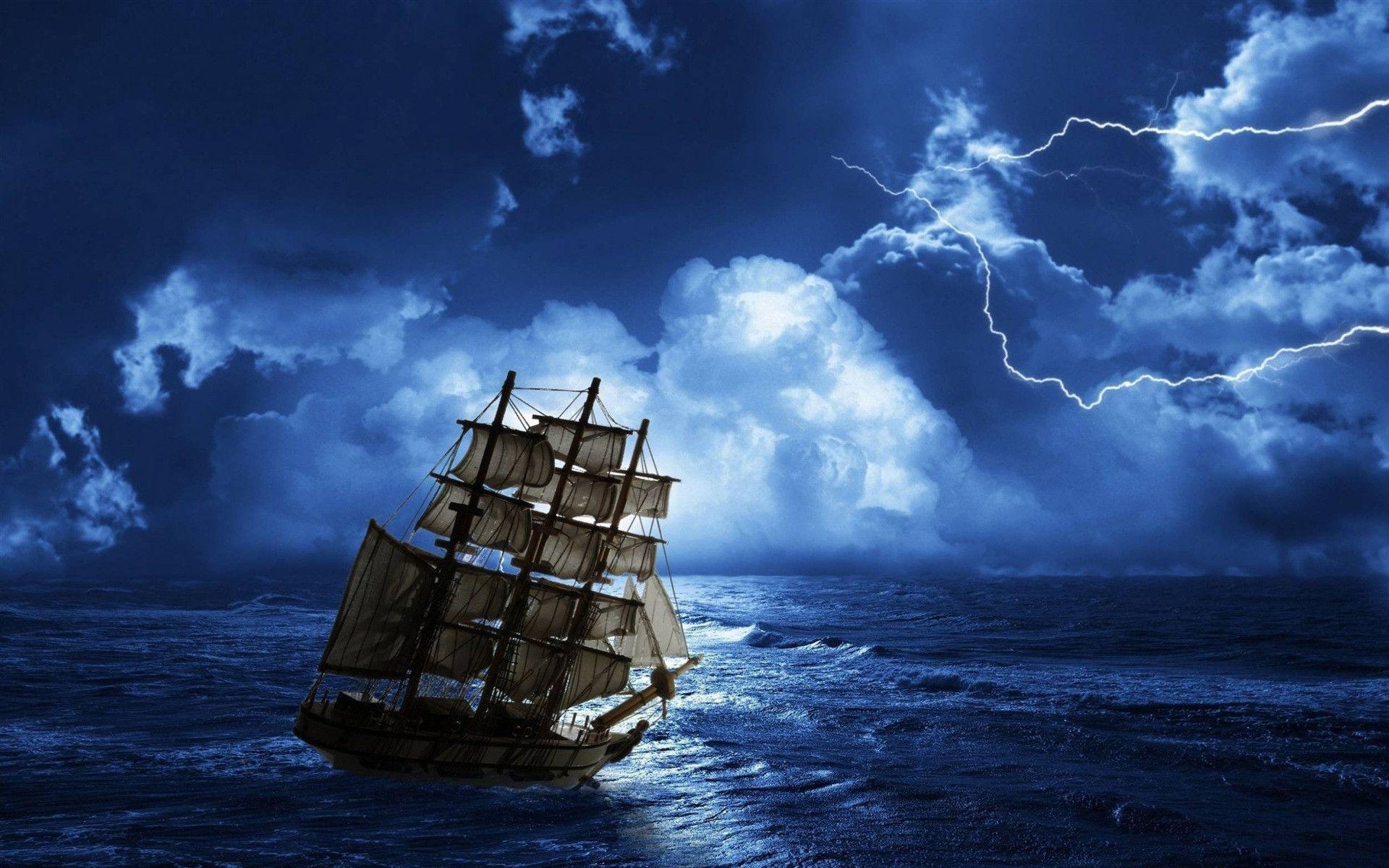 1920x1200 Thunder and lightning at night, offshore sailing Wallpaper, Desktop