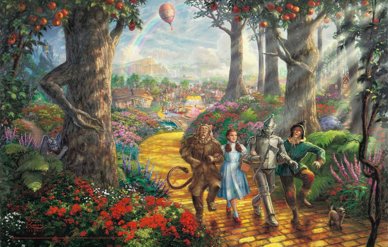 1340x850 Wallpaper road, forest, trees, balloon, the film, cartoon, rainbow, fruit, fantasy, painting, dog, characters, Thomas Kinkade, painting, Walt Disney, film image for desktop, section живопись, Desktop