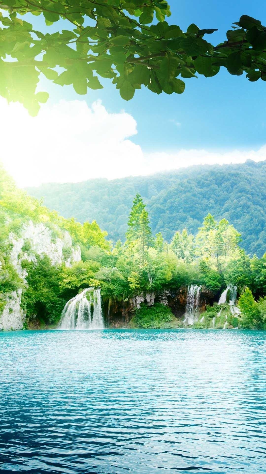 1080x1920 Enchanting Lake Waterfalls Blue Sky Android Wallpaper free download, Phone