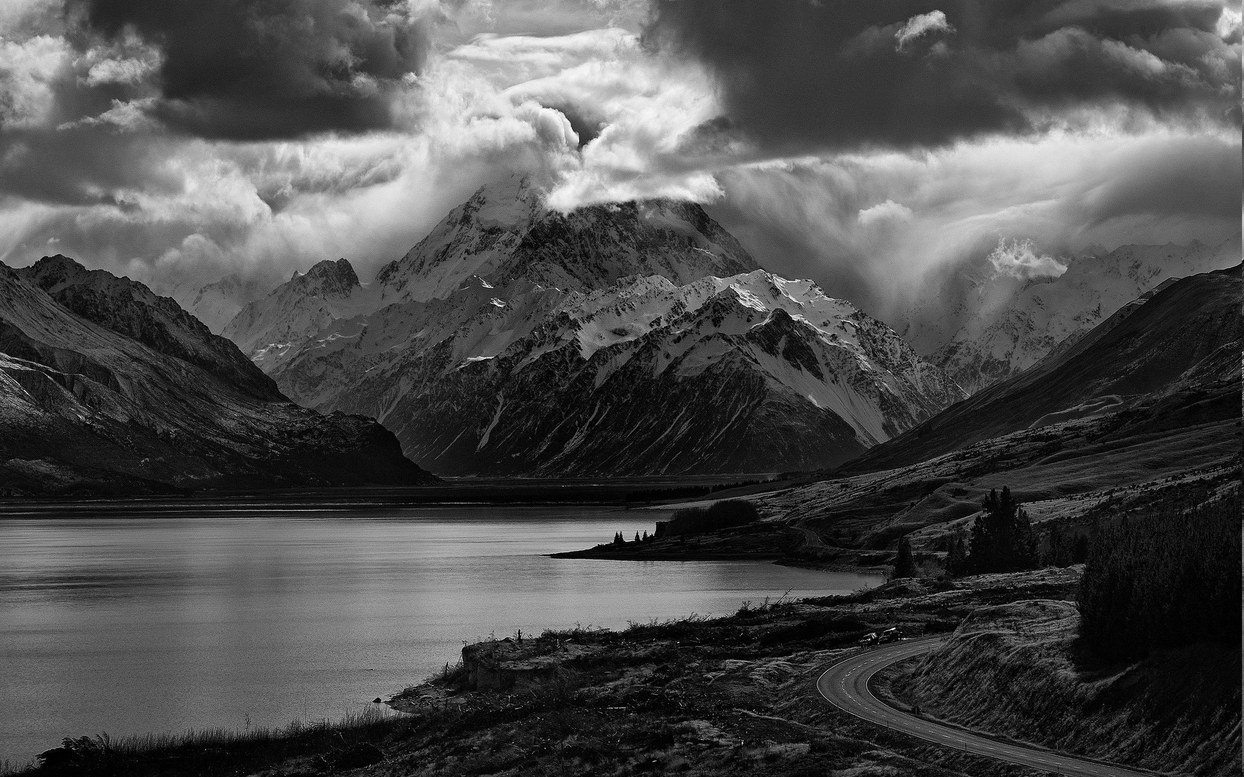 2500x1570 Nature, Landscape, Lake, Mountain, Road, Clouds, Monochrome, Desktop