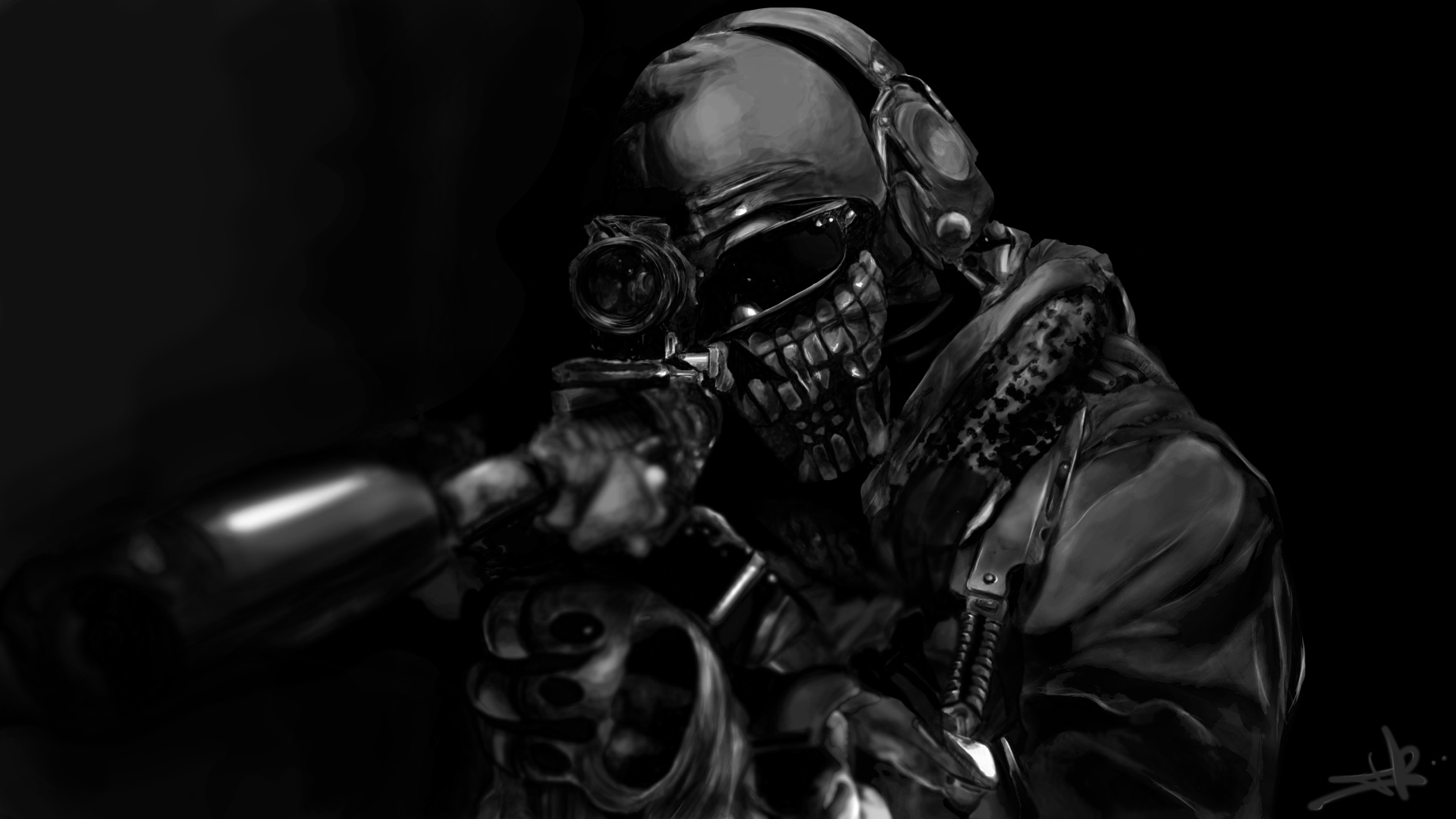 5000x2820 Wallpaper Call of Duty Ghosts, Gas Mask, Darkness, Monochrome, Soldier, Background Free Image, Desktop