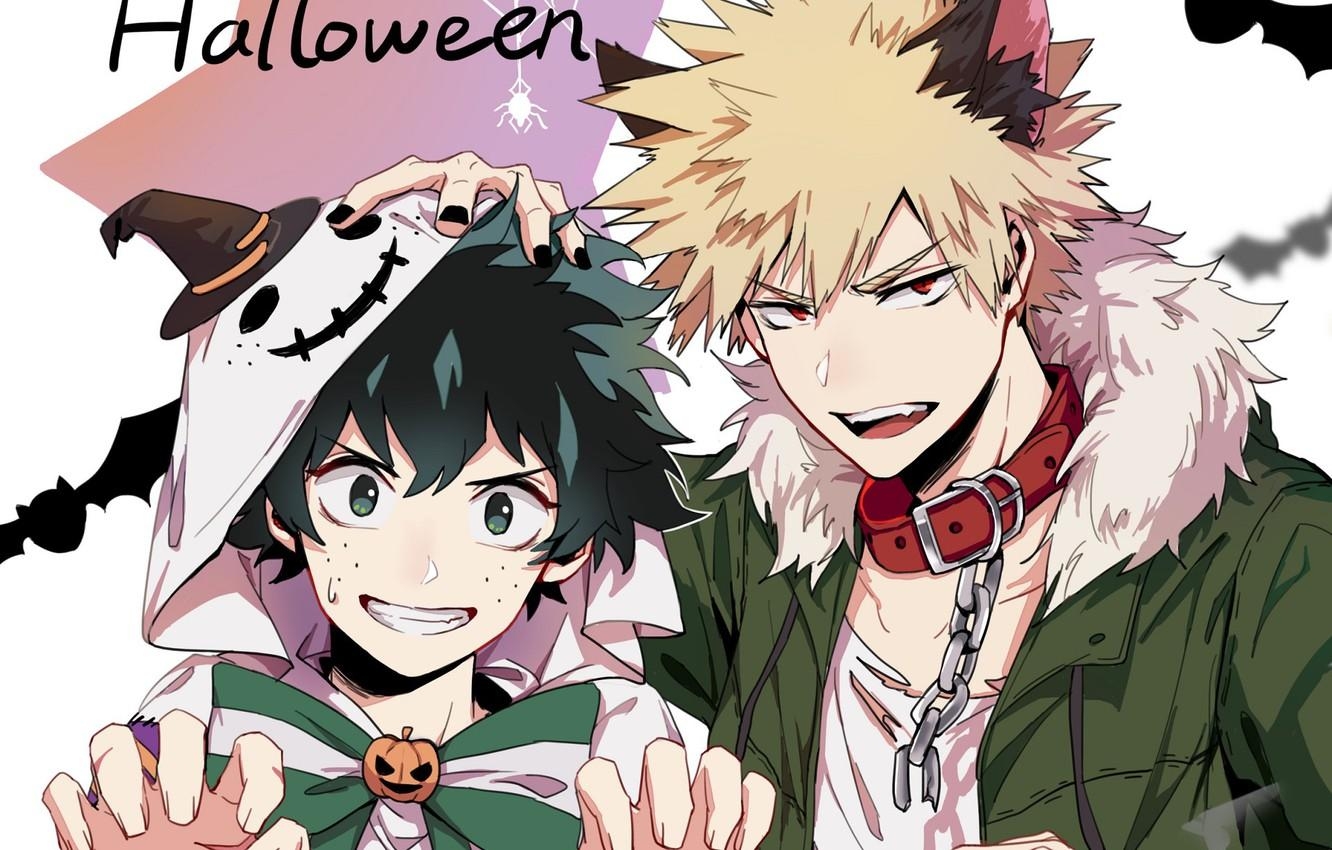 1340x850 Wallpaper Boku no Hero Academy, My Hero Academia, Bakugou Katsuki, Izuku Midoriya, Liyuchen Bakud, Text: Halloween image for desktop, section сёнэн, Desktop