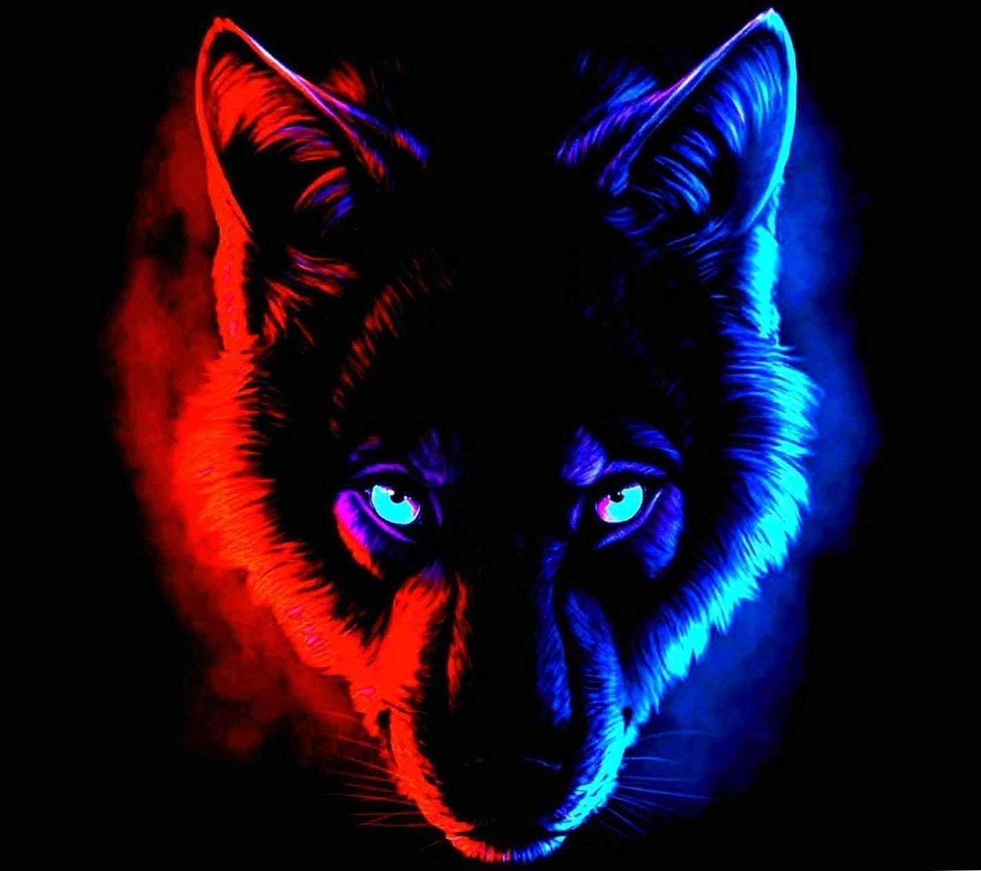 1420x1270 Blue And Red Wolf Wallpaper Wallpaper.pro. Wolf Wallpaper, Wolf With Blue Eyes, Red Wolf, Desktop