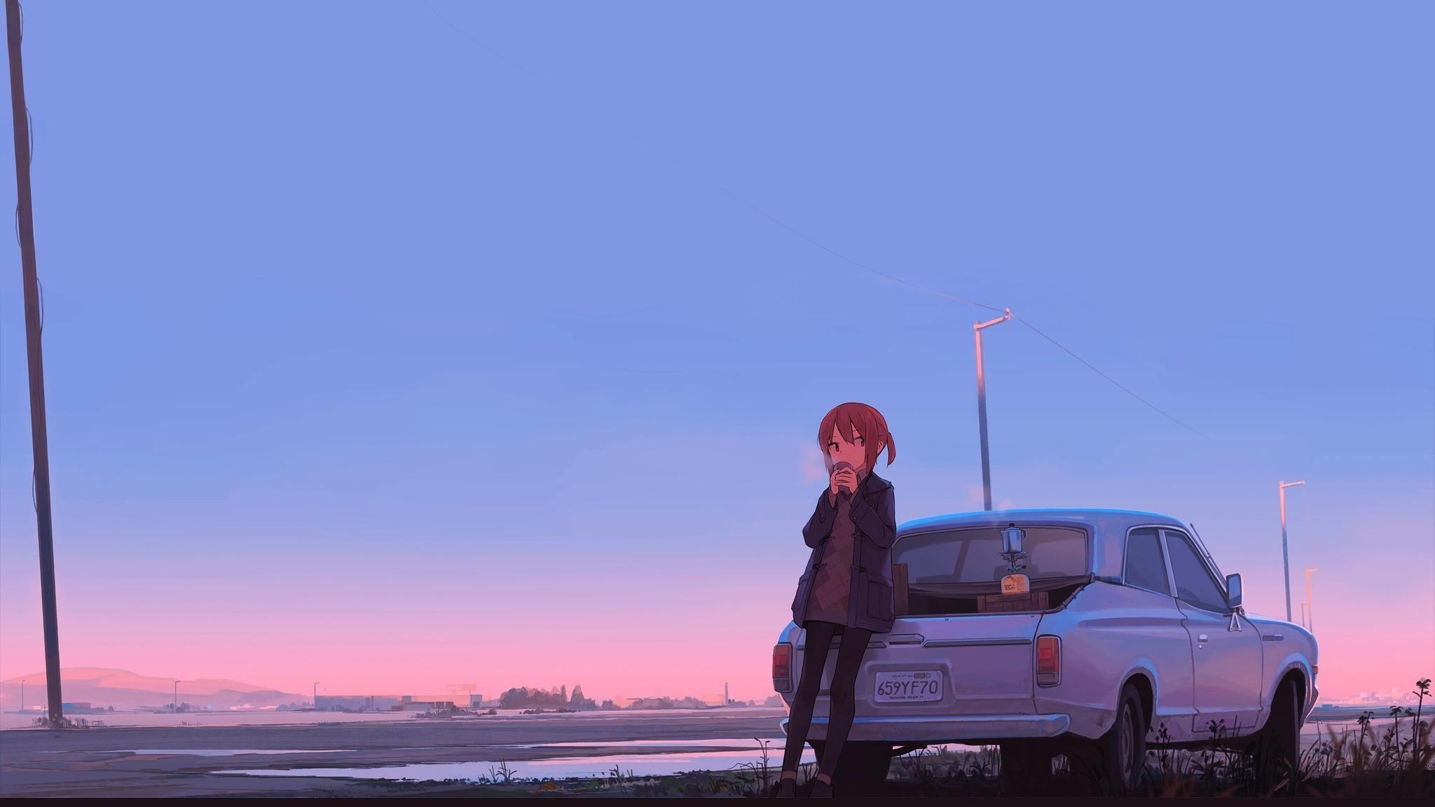 2050x1160 anime sunset and car ((1920x1080). Anime scenery wallpaper, Anime, Desktop