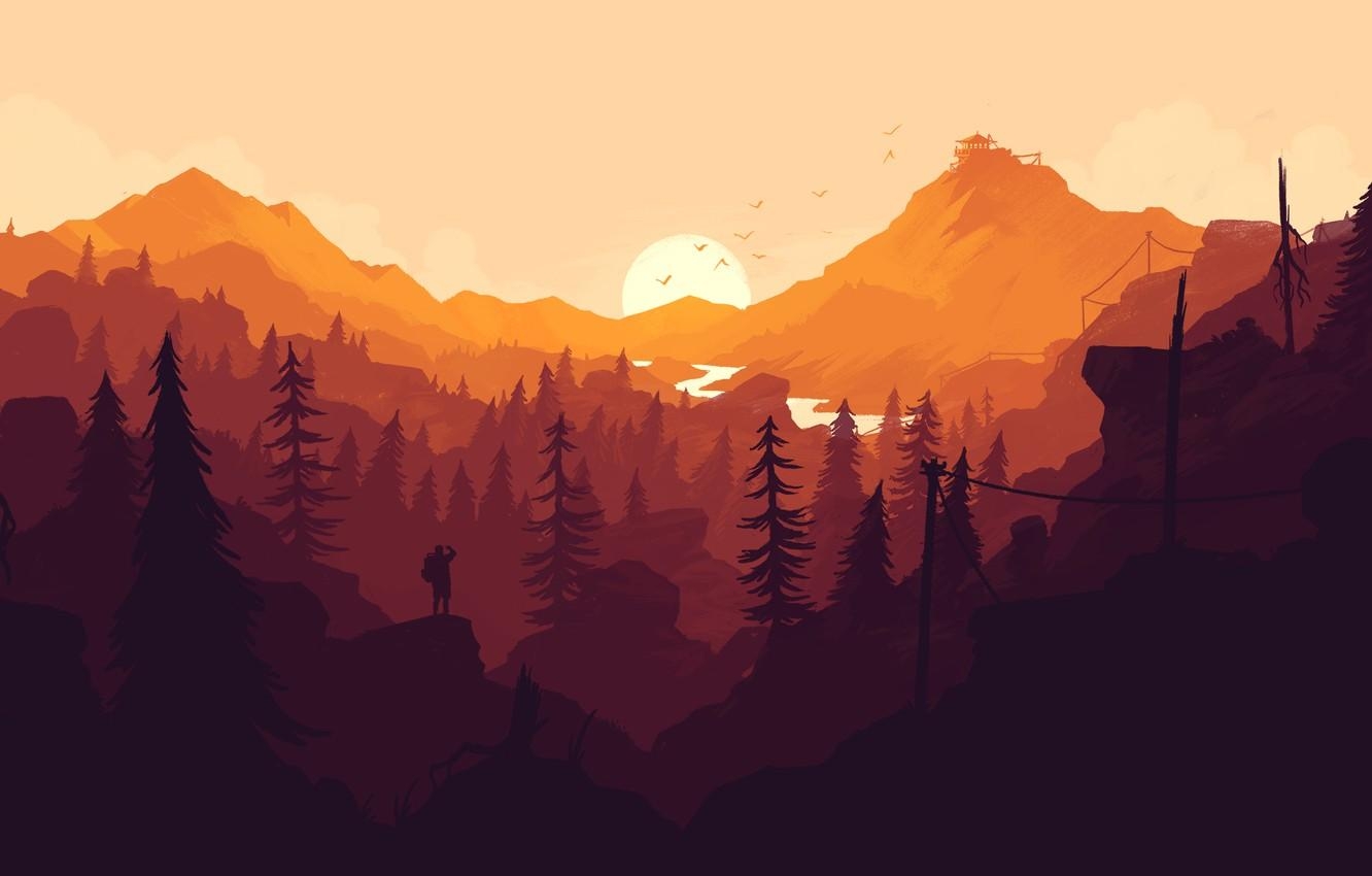 1340x850 Wallpaper forest, the sun, sunset, orange, the game, people, color, minimalism, Firewatch image for desktop, section игры, Desktop