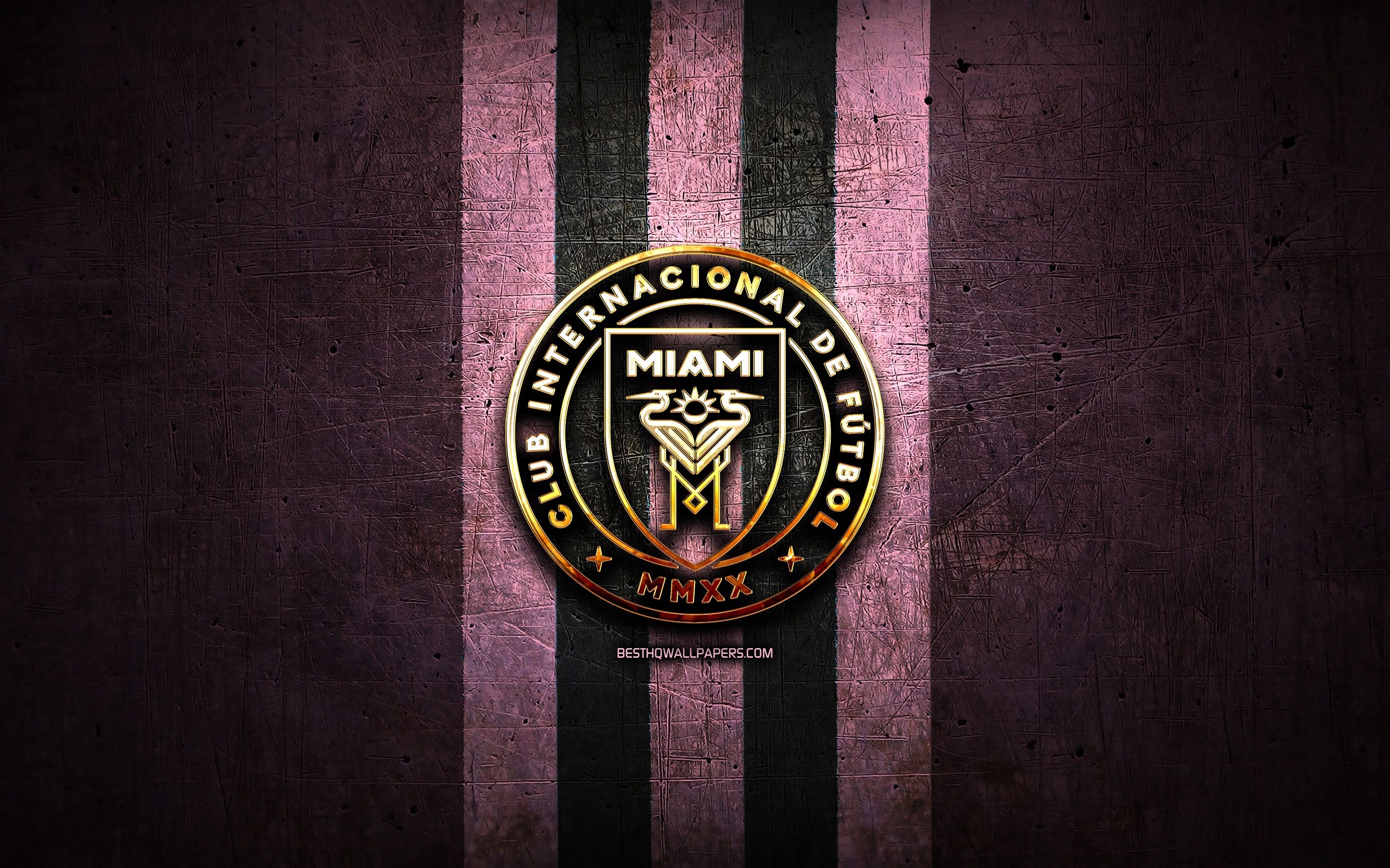 2880x1800 Download wallpaper Inter Miami FC, golden logo, MLS, purple metal, Desktop