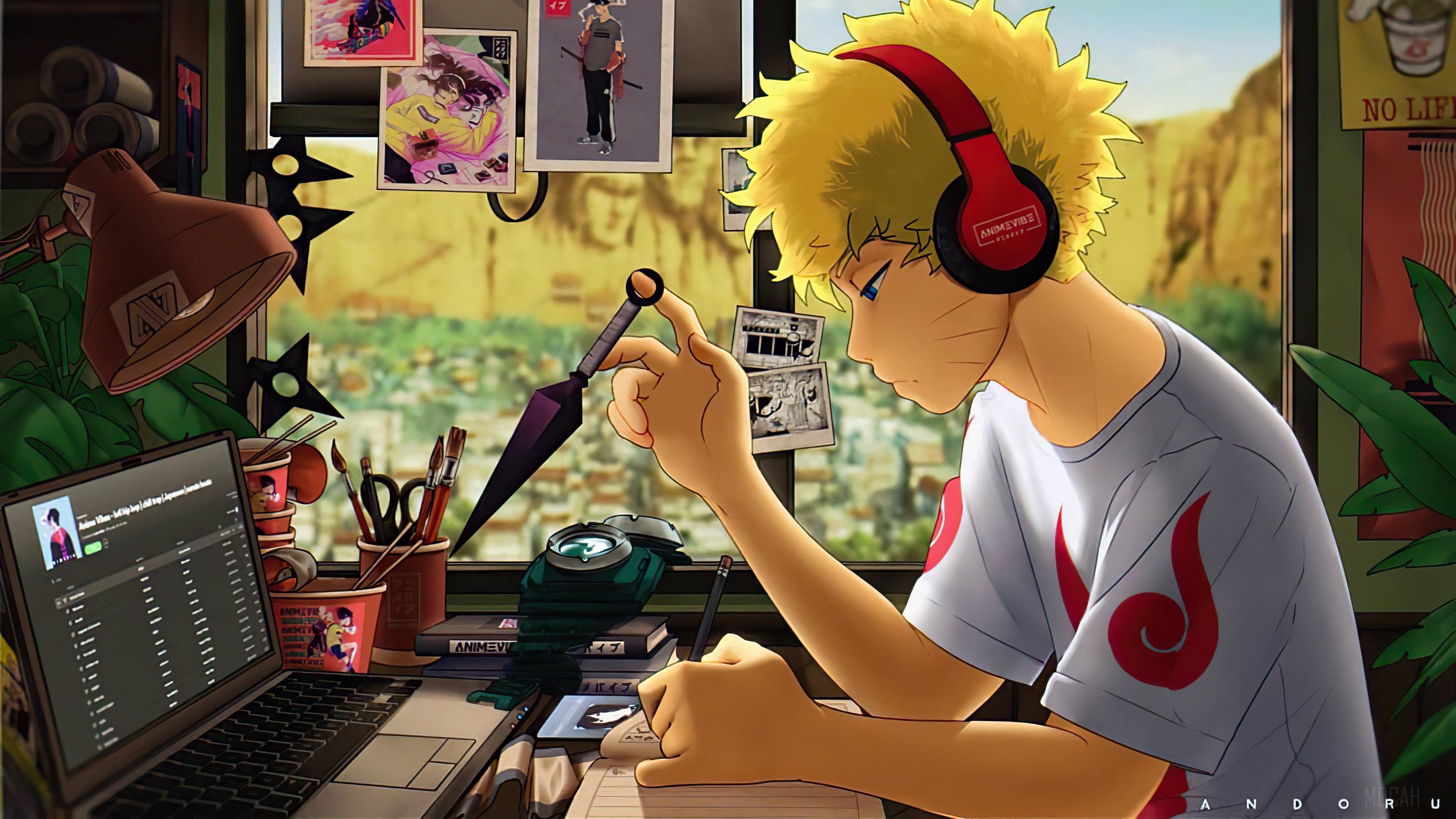 3840x2160 Anime, Boy, Headphone, Studying, Naruto Uzumaki, Kunai 4k Gallery HD Wallpaper, Desktop